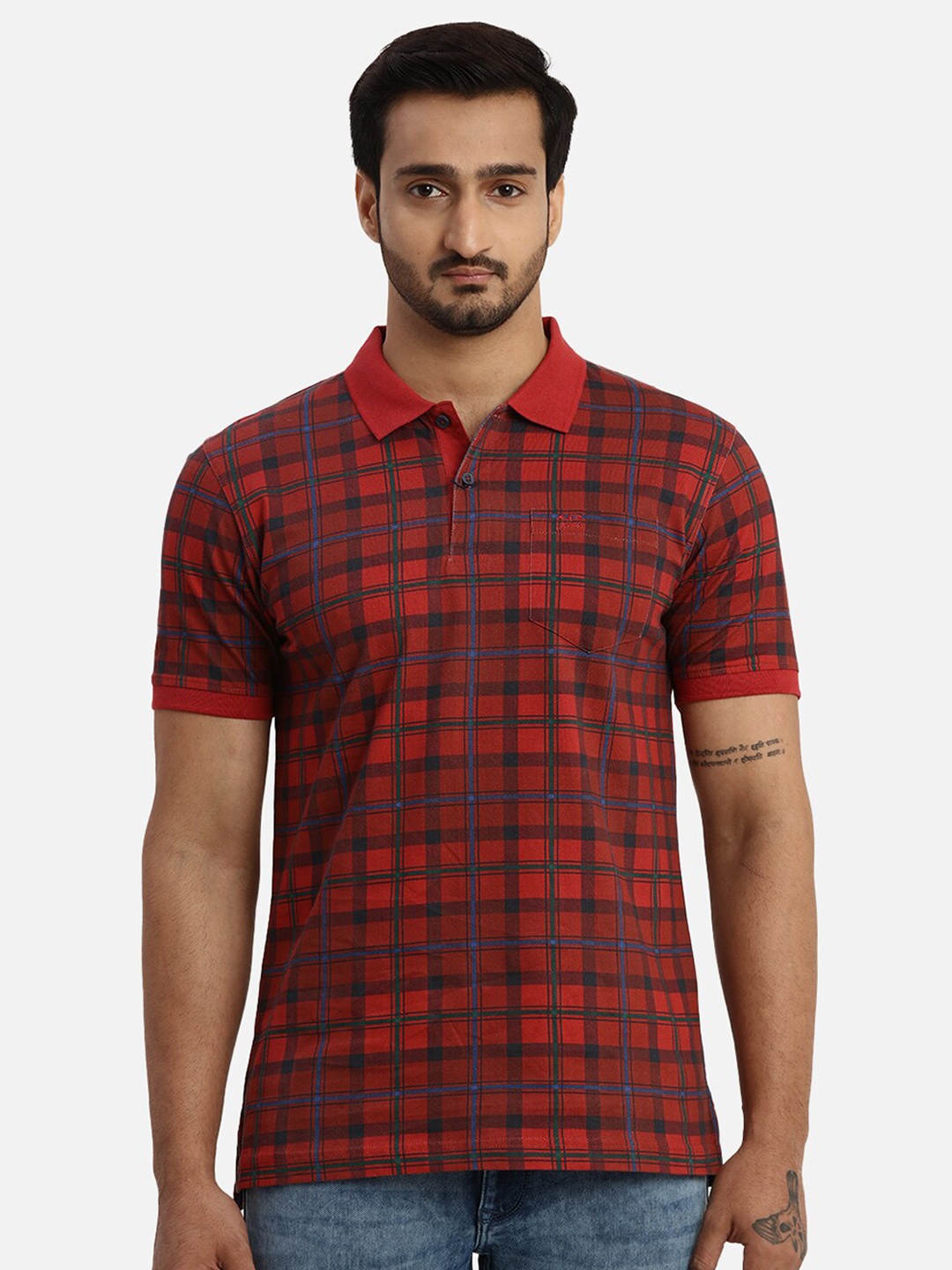 

ColorPlus Tailored Fit Checked Polo Collar Pockets Cotton T-Shirt, Red