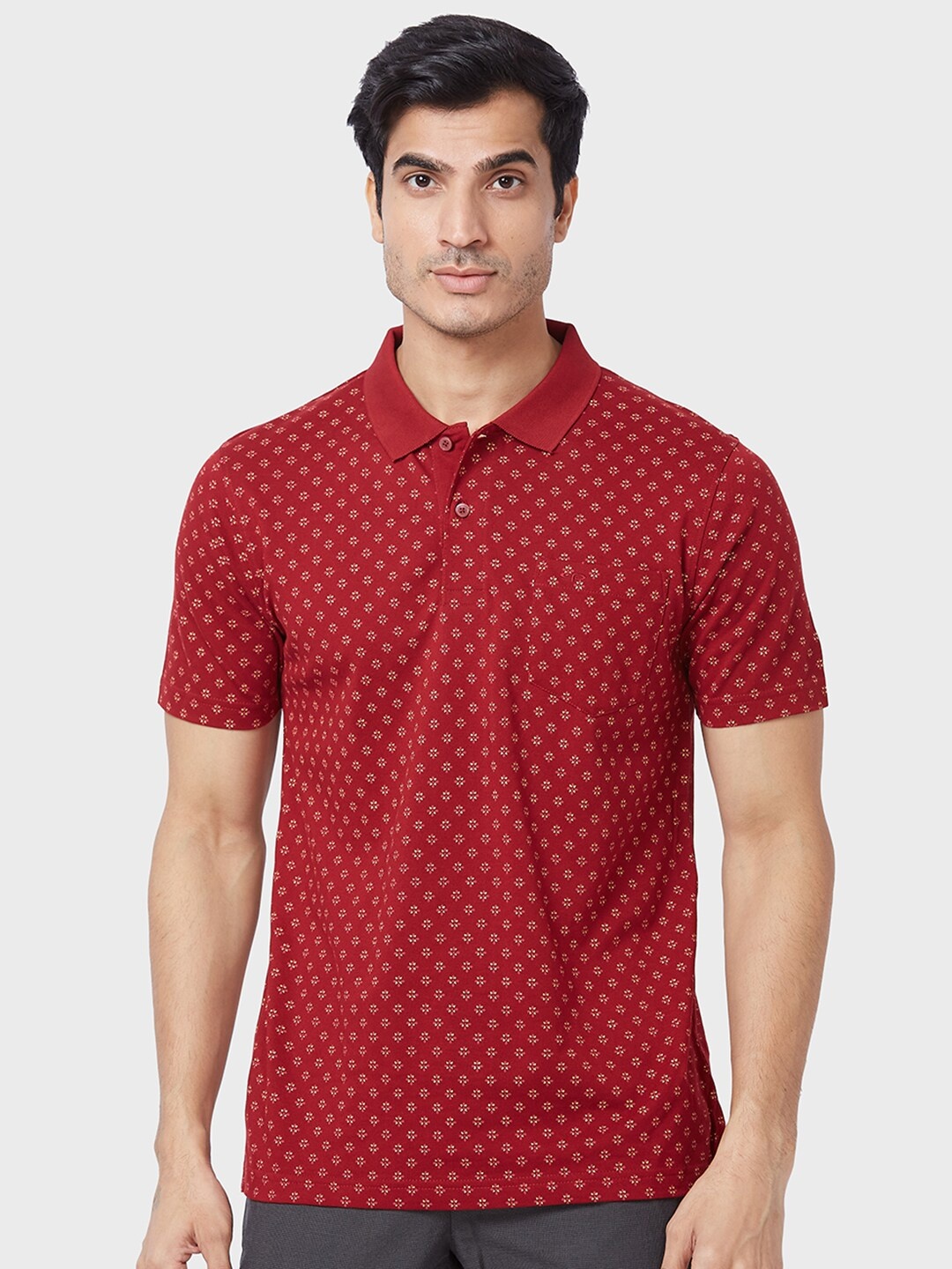 

ColorPlus Floral Printed Polo Collar Cotton T-shirt, Maroon