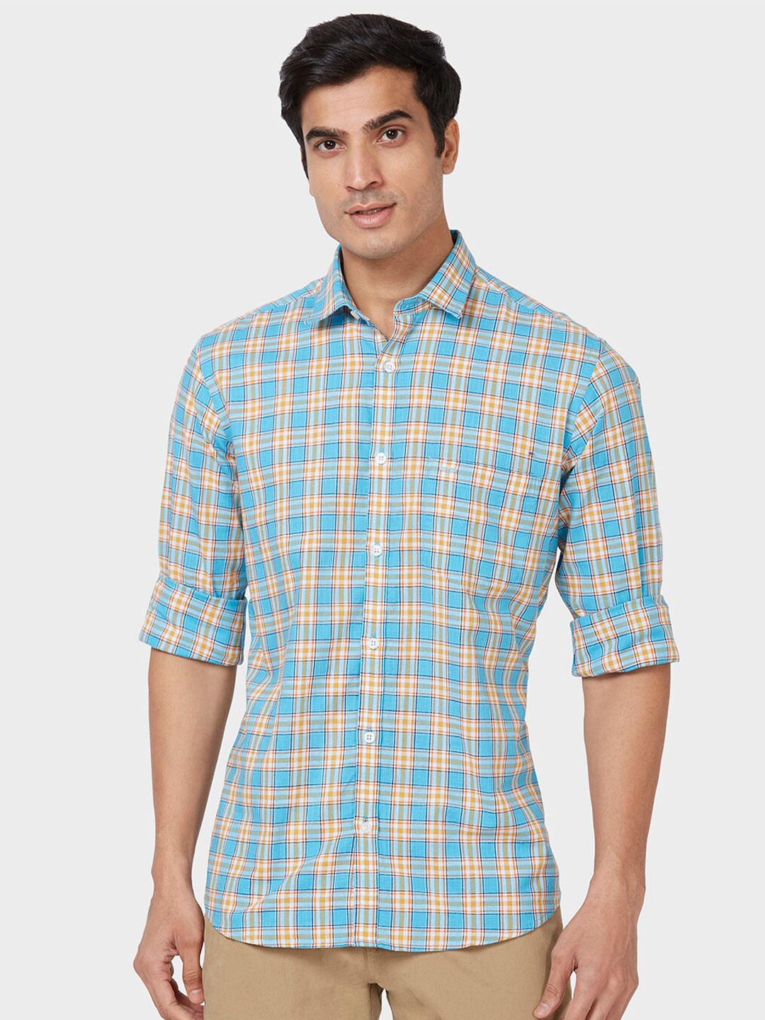 

ColorPlus Tailored Fit Opaque Checked Cotton Casual Shirt, Blue