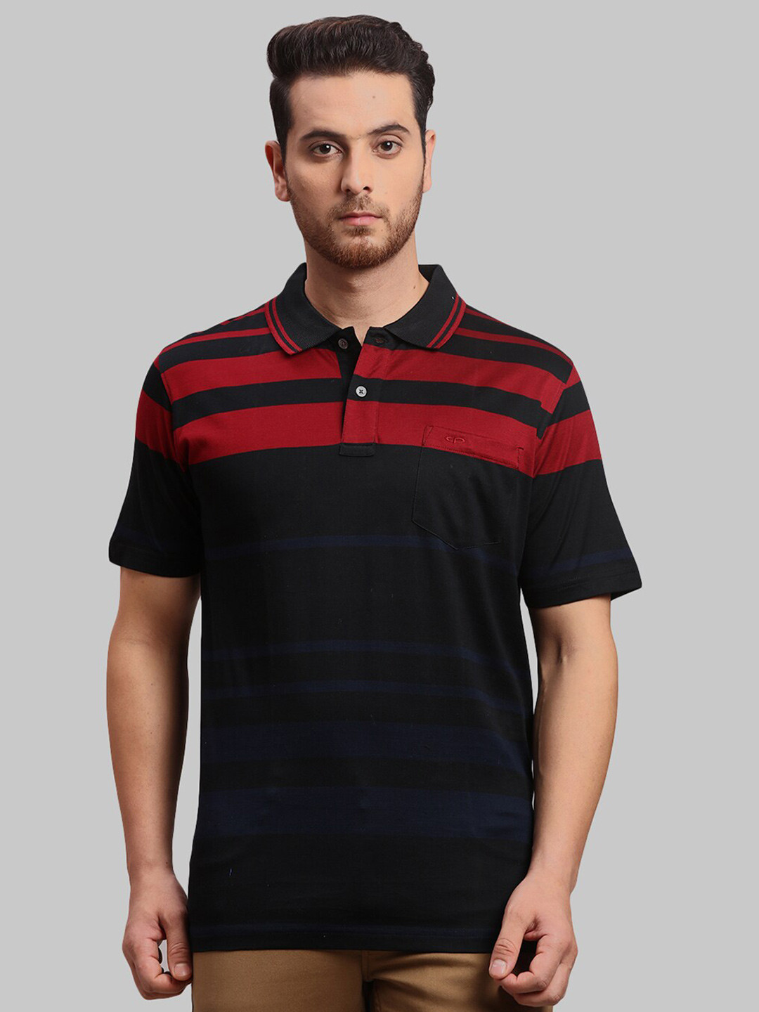 

ColorPlus Striped Polo Collar Cotton T-shirt, Black