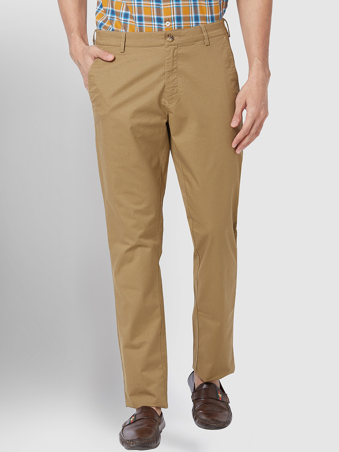 

ColorPlus Men Geometric Self design Mid Rise Trousers, Brown