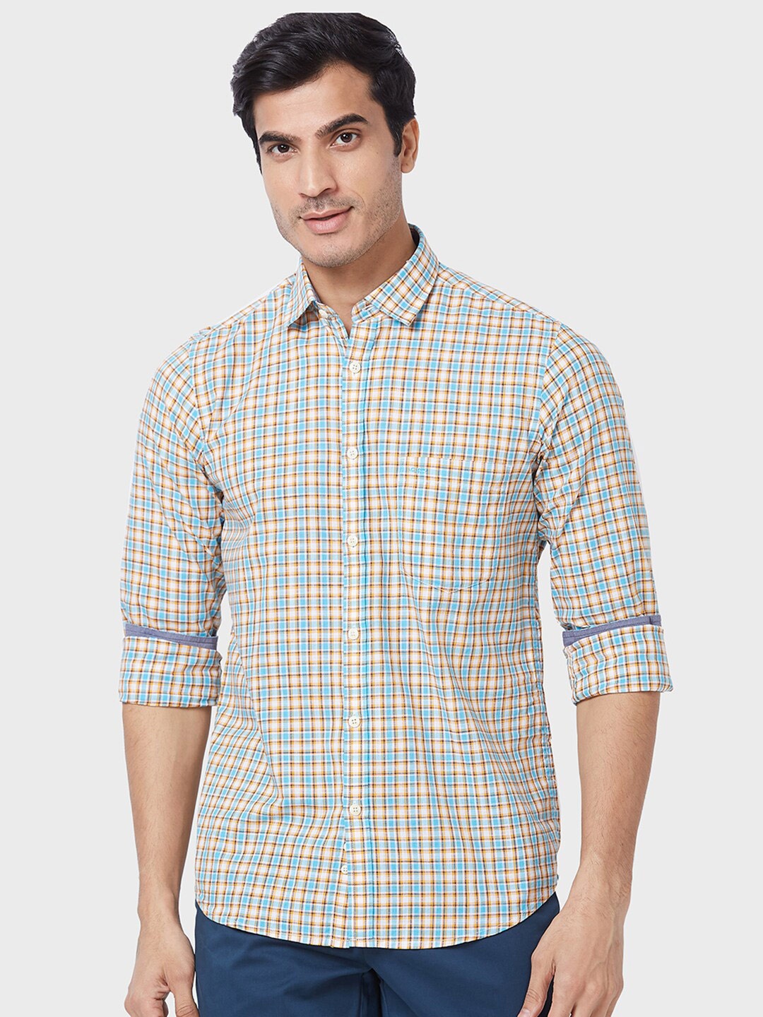 

ColorPlus Tailored Fit Opaque Gingham Checked Cotton Casual Shirt, Beige