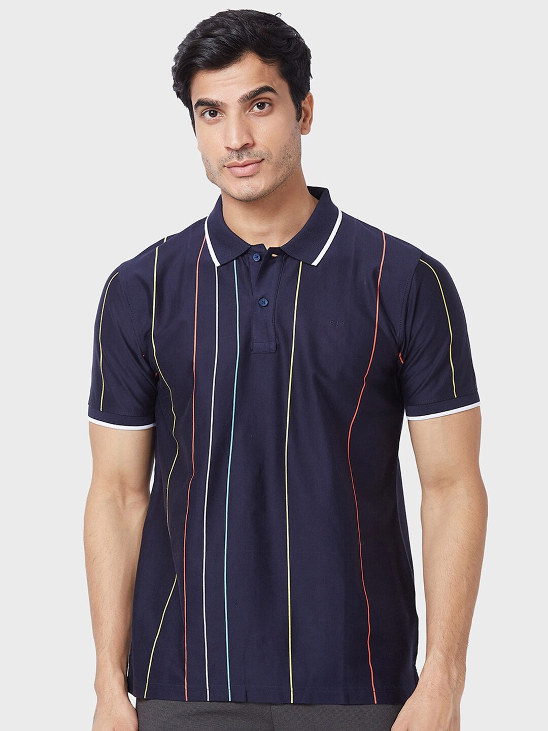 

ColorPlus Striped Polo Collar Cotton T-shirt, Navy blue