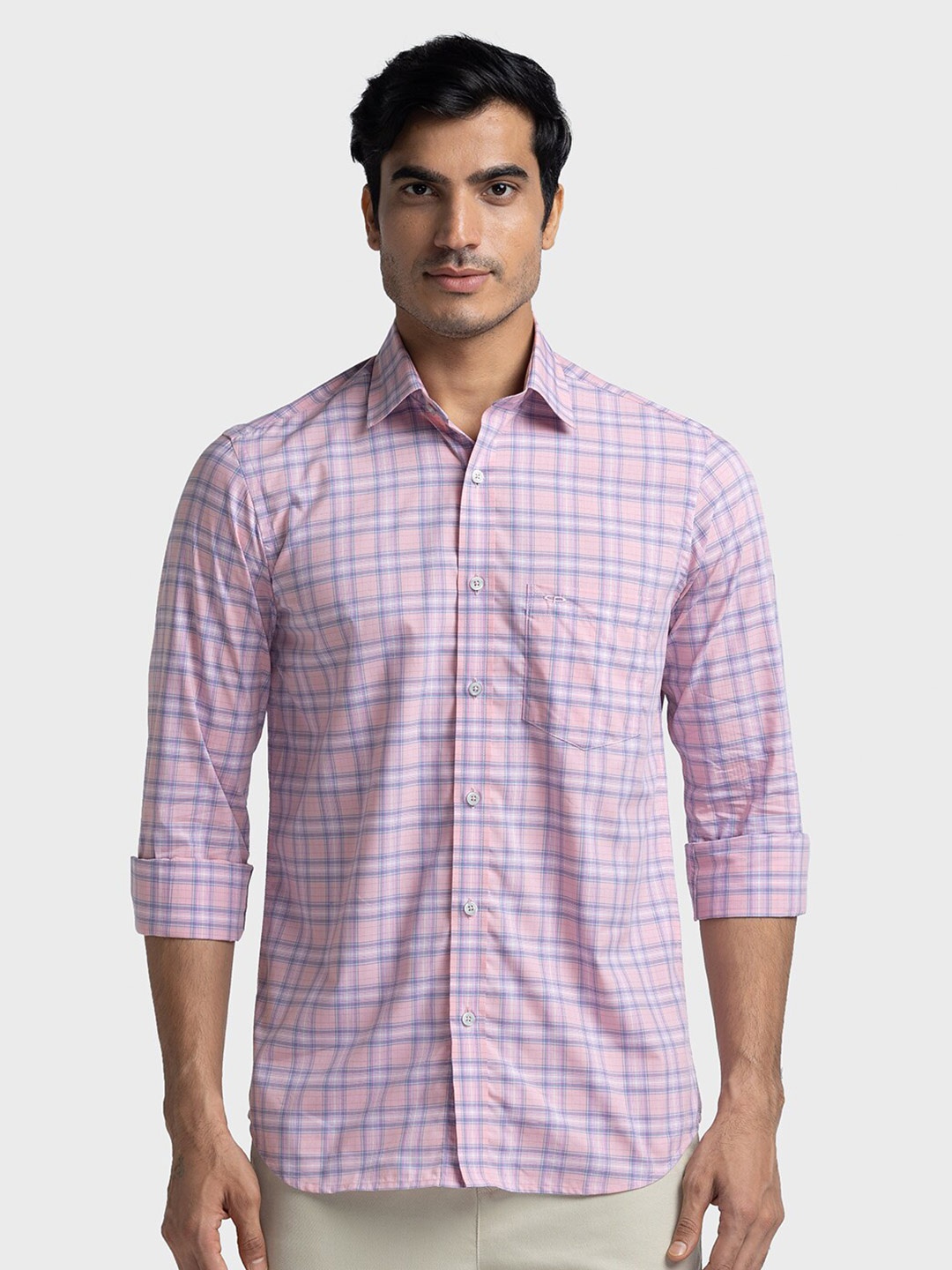 

ColorPlus Tailored Fit Grid Tattersall Checked Cotton Casual Shirt, Pink