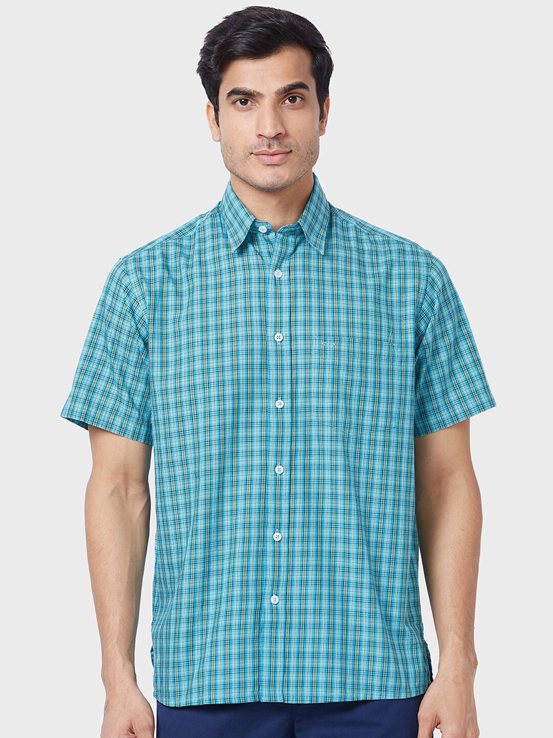 ColorPlus Opaque Checked Cotton Casual Shirt, Blue