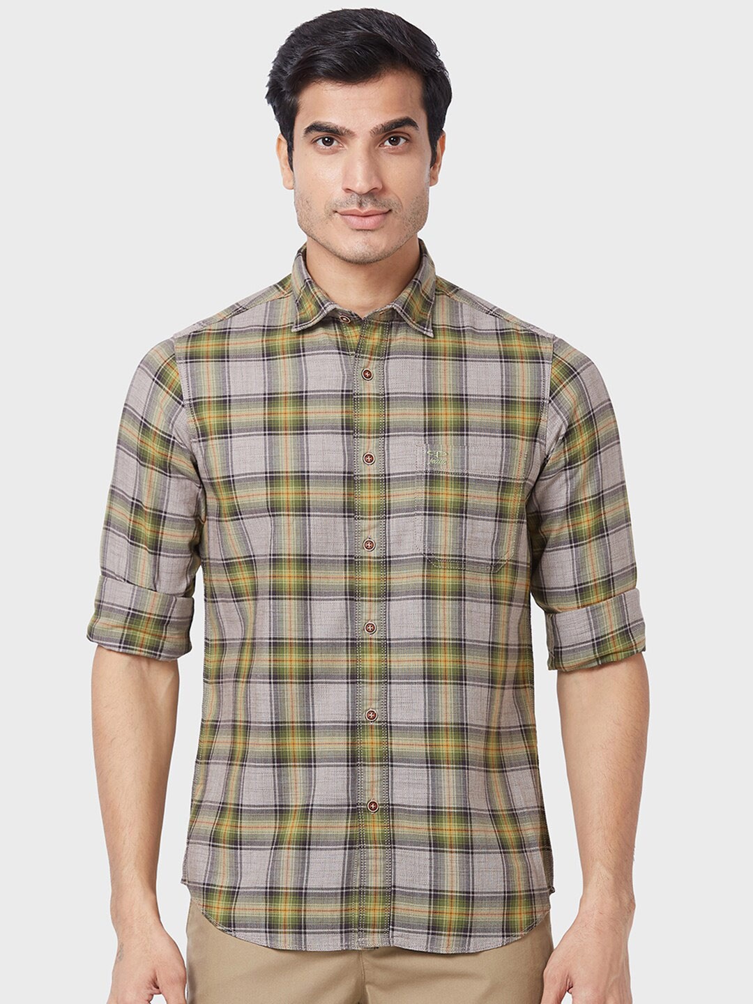

ColorPlus Spread Collar Contemporary Fit Tartan Checked Casual Cotton Shirt, Green