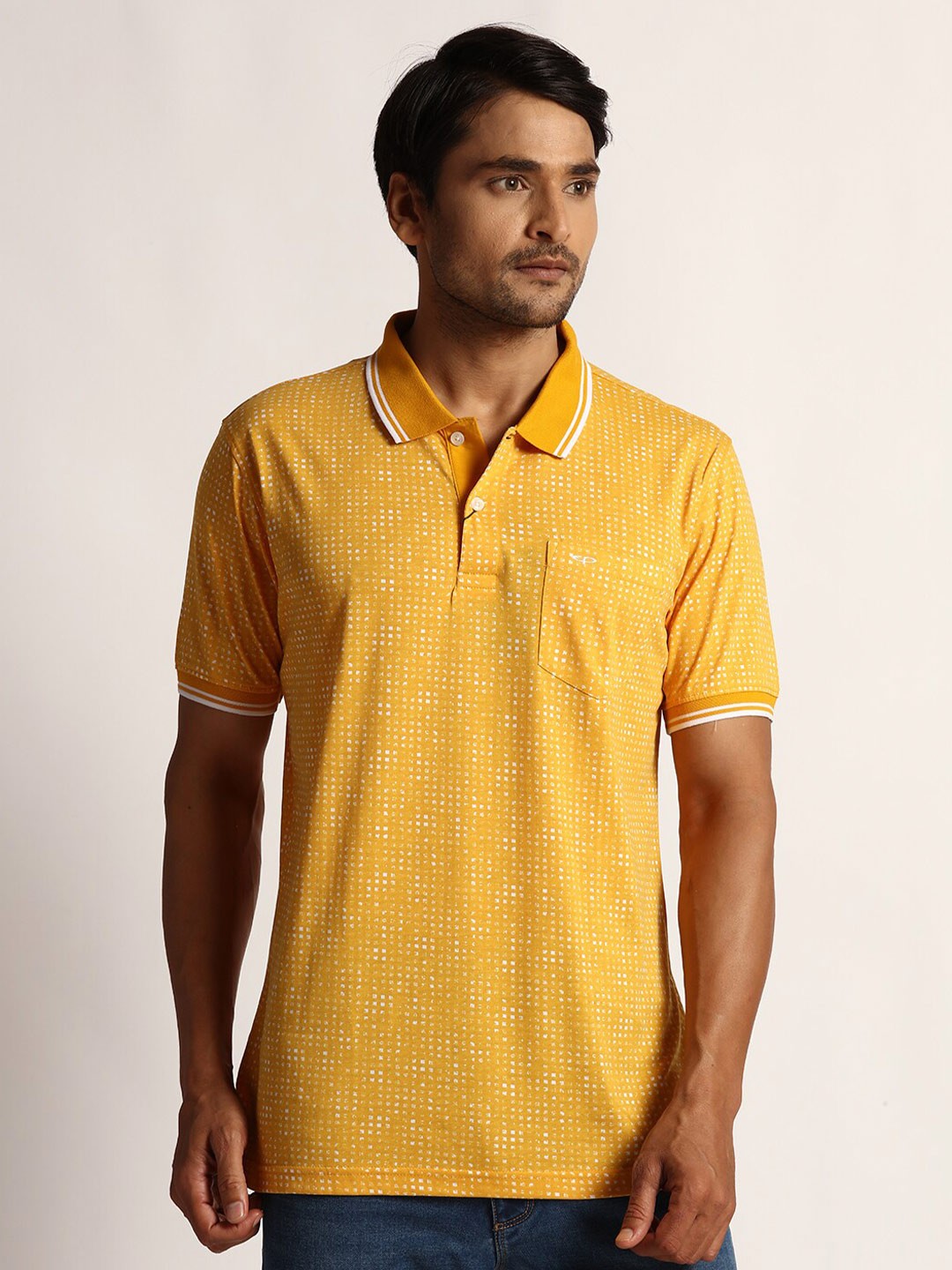

ColorPlus Abstract Printed Polo Collar Pockets Cotton Casual T-shirt, Yellow