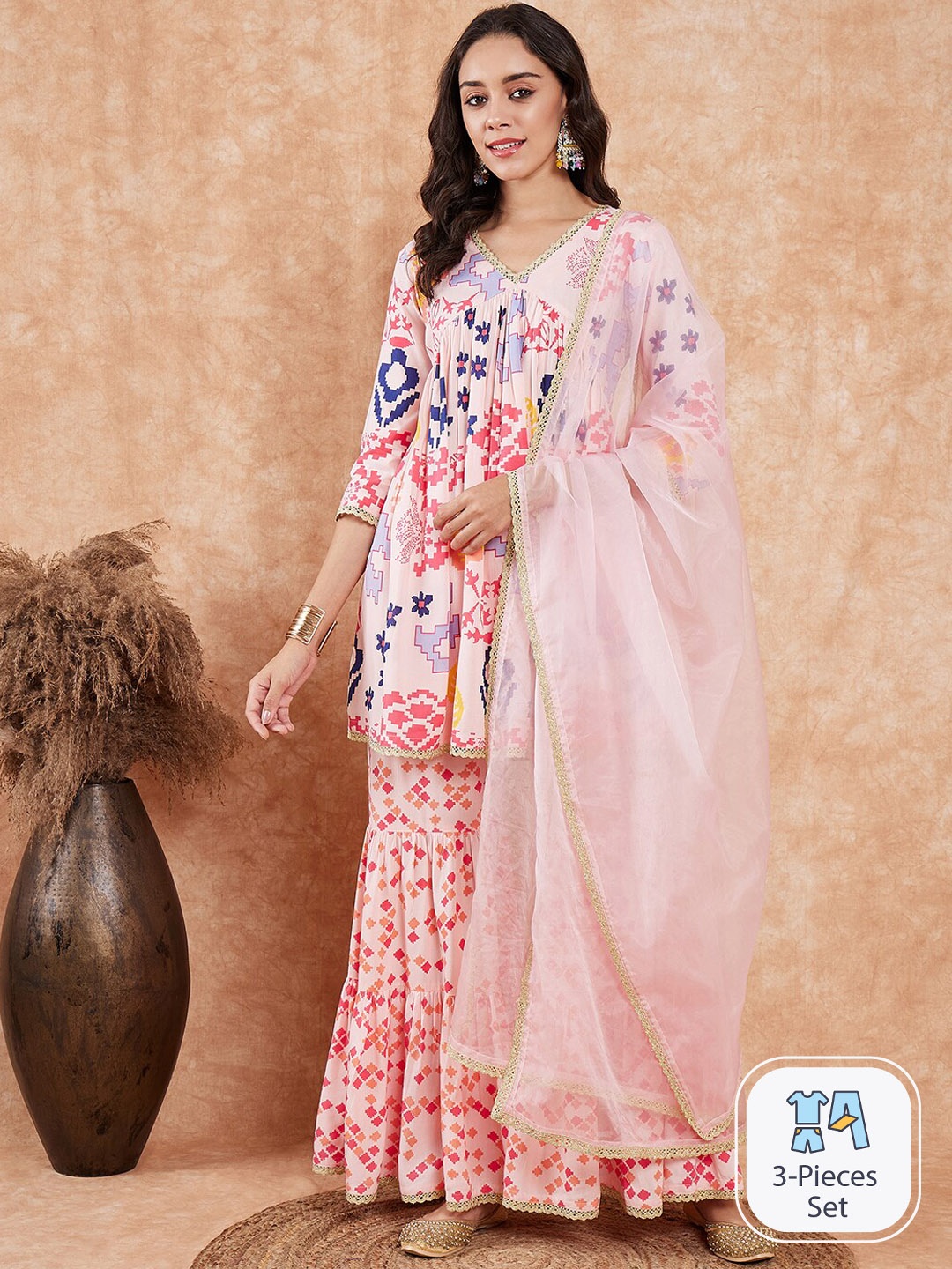 

Sangria Geometric Printed Empire A-Line Kurti With Sharara & Dupatta Set, Peach