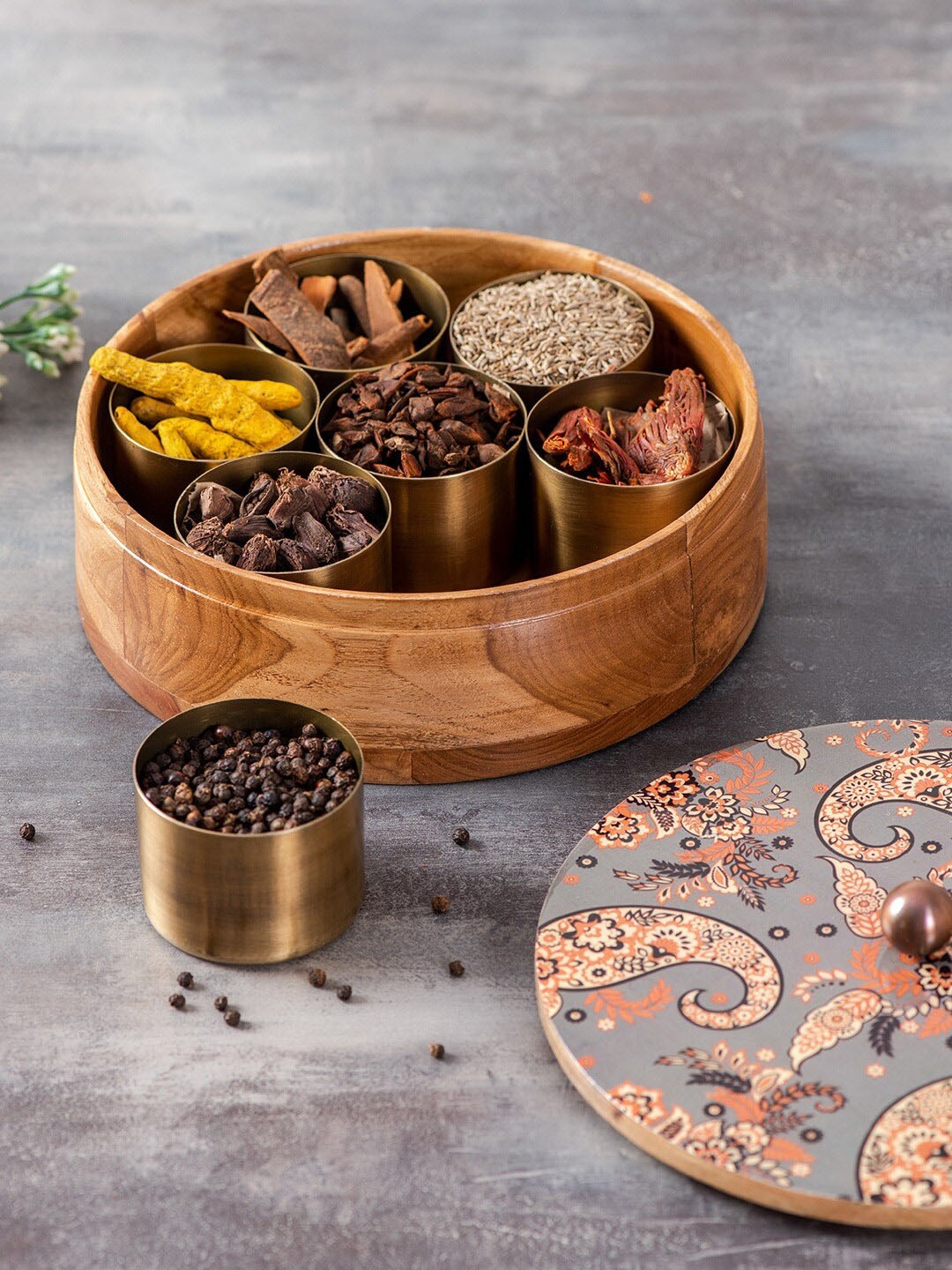

nestroots Teak Wooden Masala Box With 7 Masala Jar, Brown