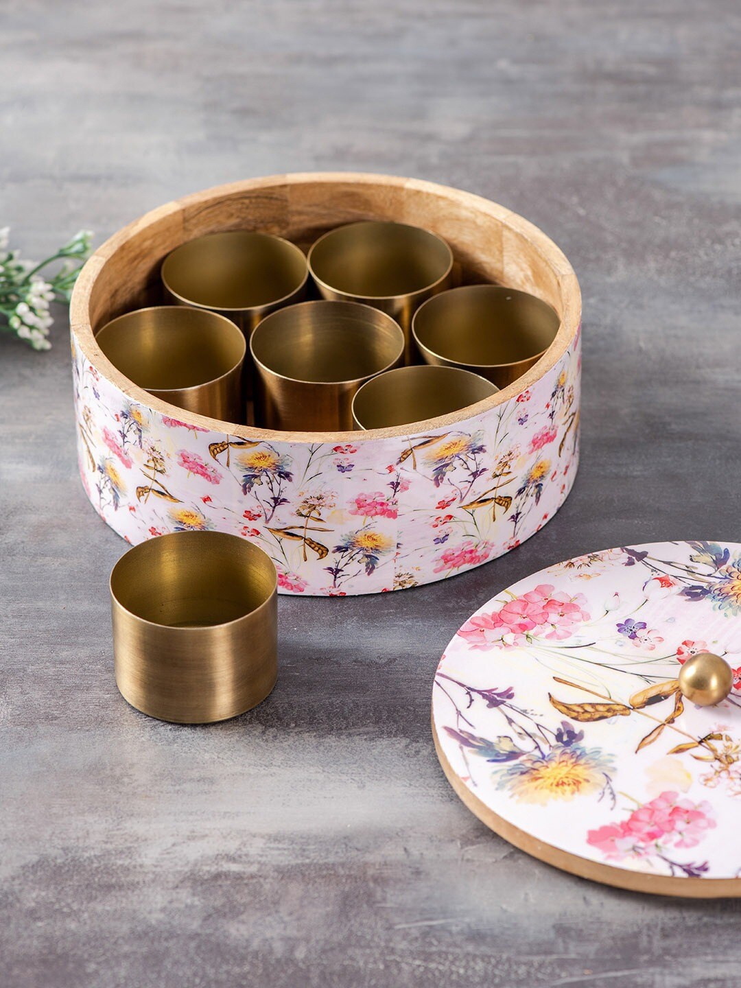 

nestroots White & Blue Printed Wooden Spice Box