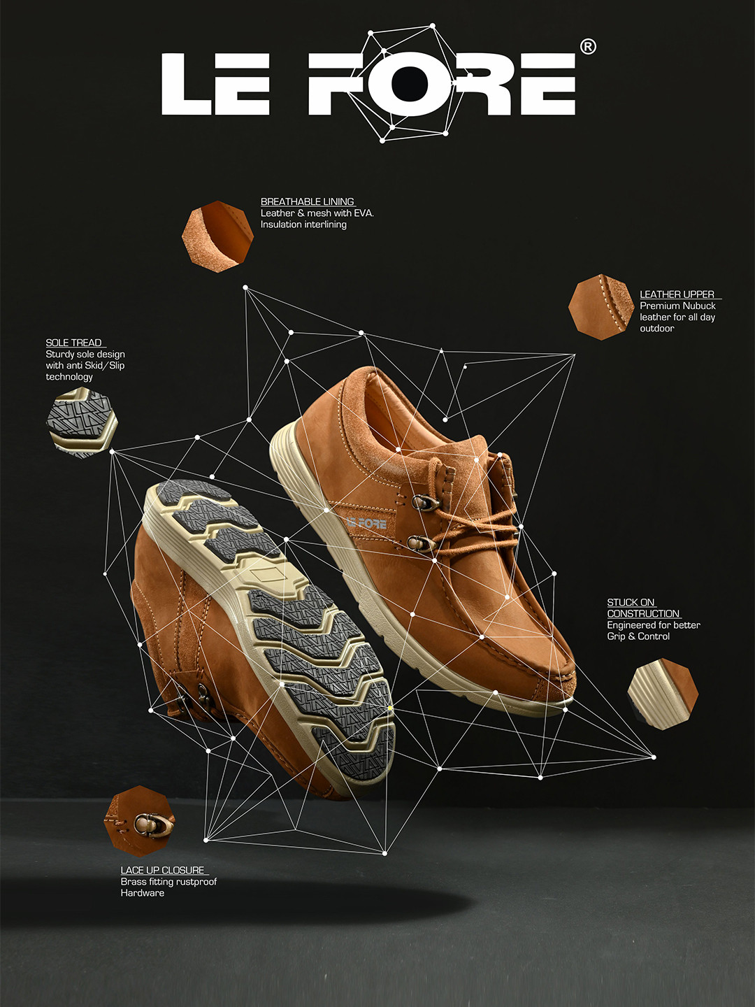 

LEFORE Men Leather Contrast Sole Sneakers, Camel brown