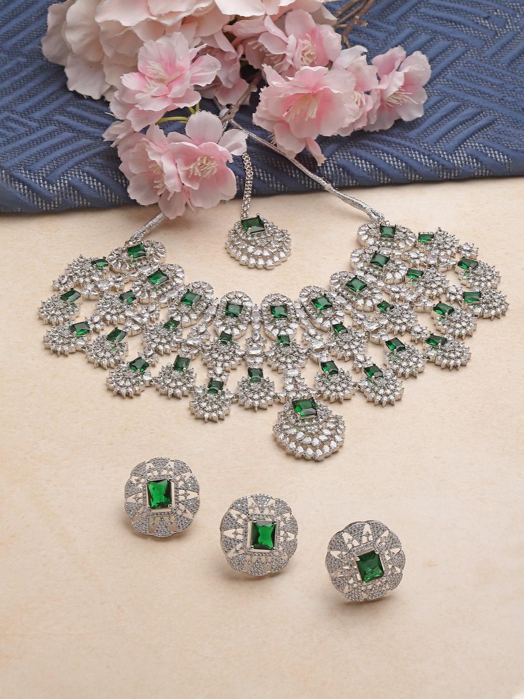 

ZENEME Silver-Plated American Diamond Jewellery Set, Green