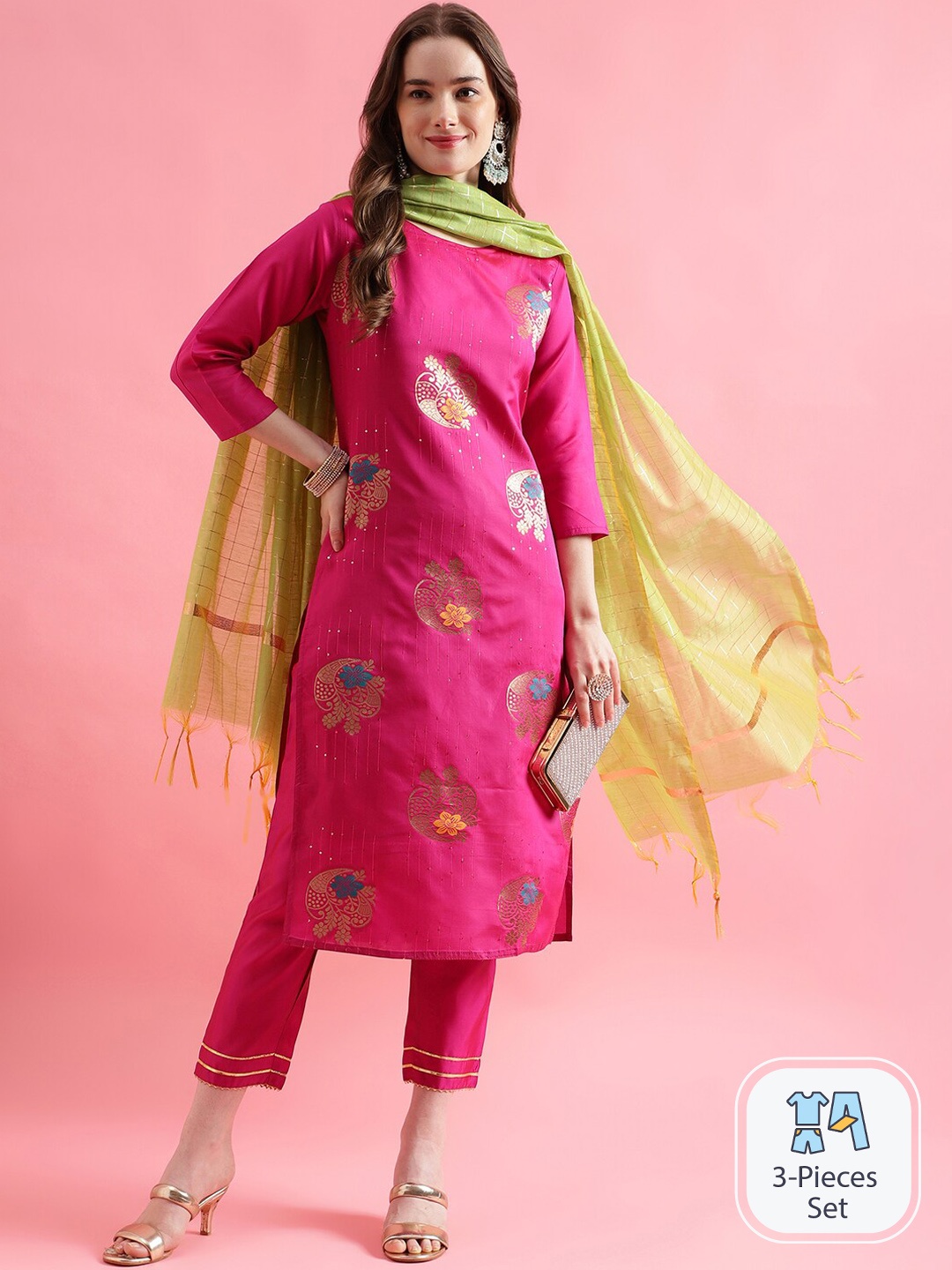 

PPTOSS Woven Design Sequinned Regular Kurta With Trousers & Dupatta, Pink