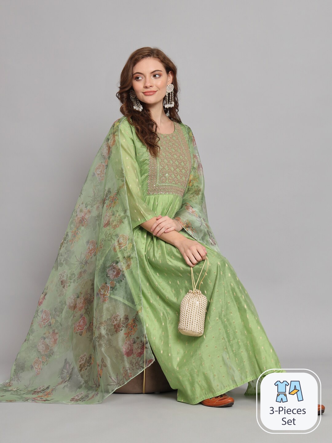 

PPTOSS Ethnic Motifs Embroidered Regular Kurta With Leggings & Dupatta, Green