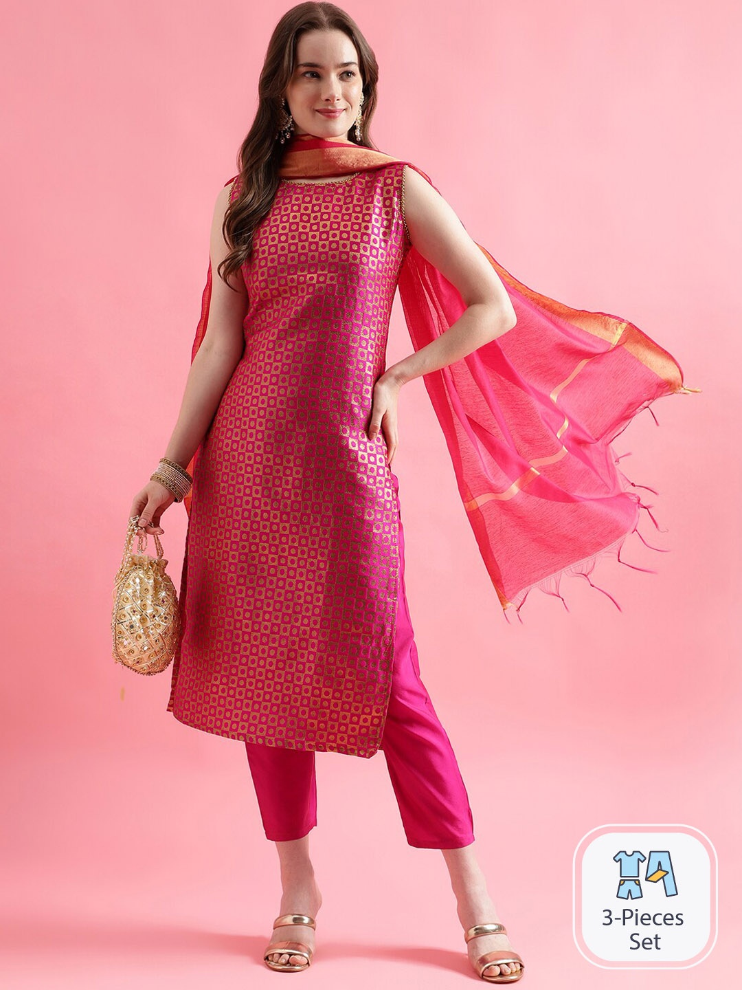 

PPTOSS Geometric Printed Straight Kurta & Trousers With Dupatta, Pink