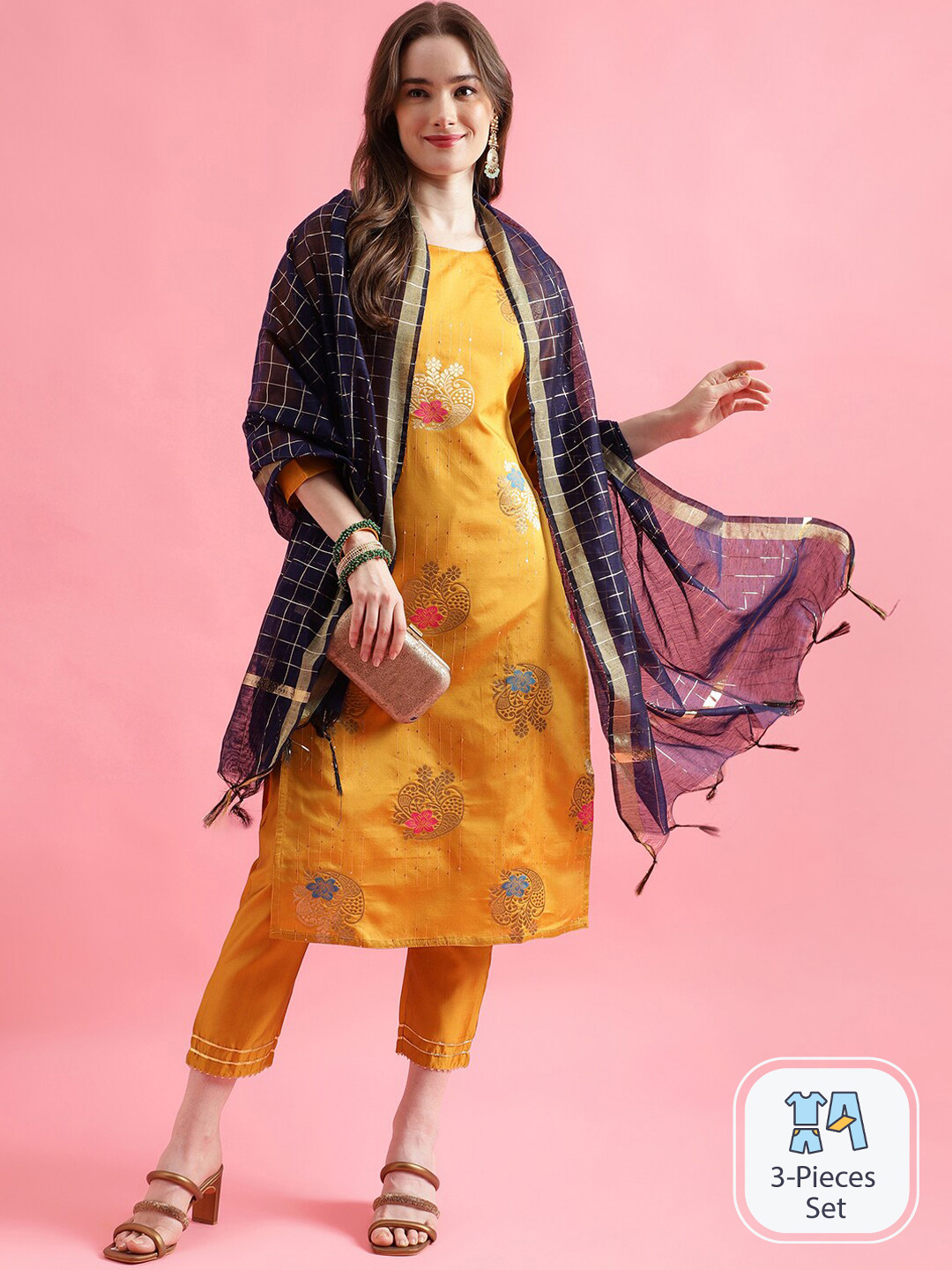 

PPTOSS Ethnic Motifs Regular Kurta with Trousers & With Dupatta, Yellow
