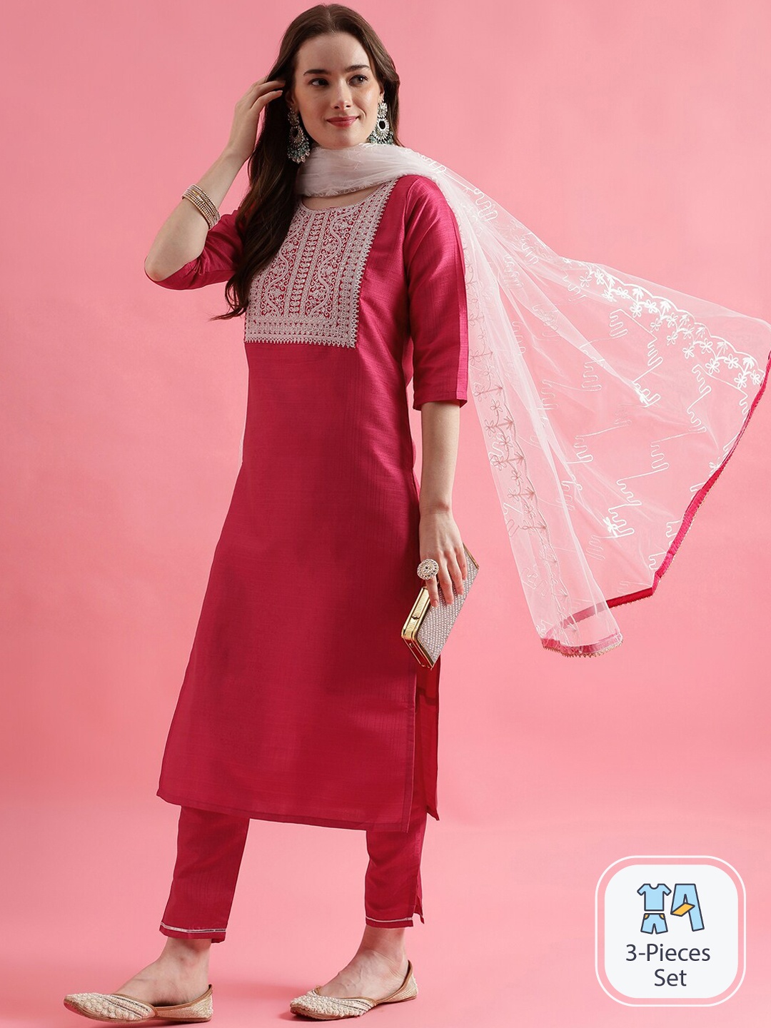 

PPTOSS Embroidered Kurta With Trousers & Dupatta, Pink