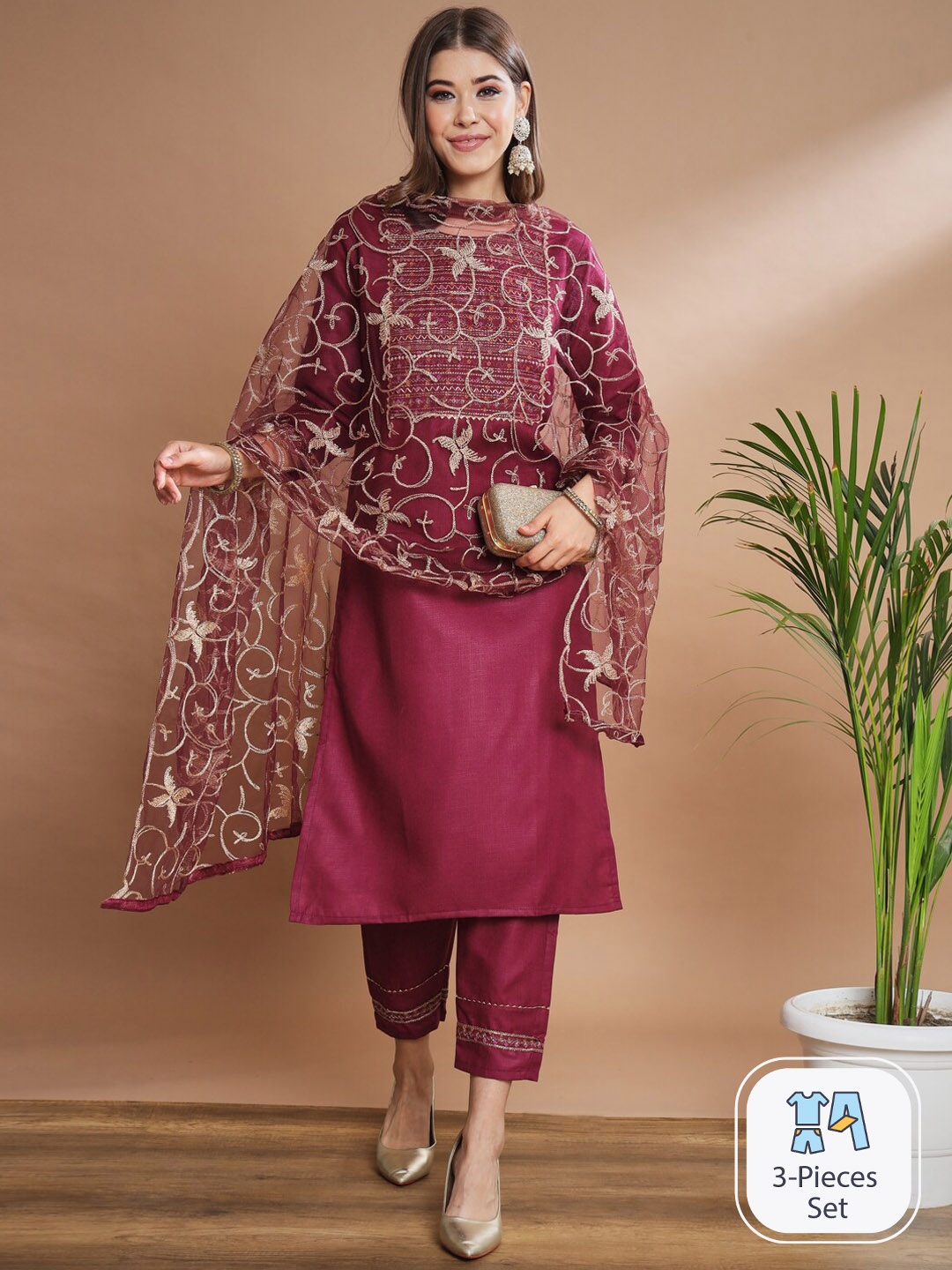 

PPTOSS Ethnic Motifs Embroidered Kurta with Trousers & With Dupatta, Purple