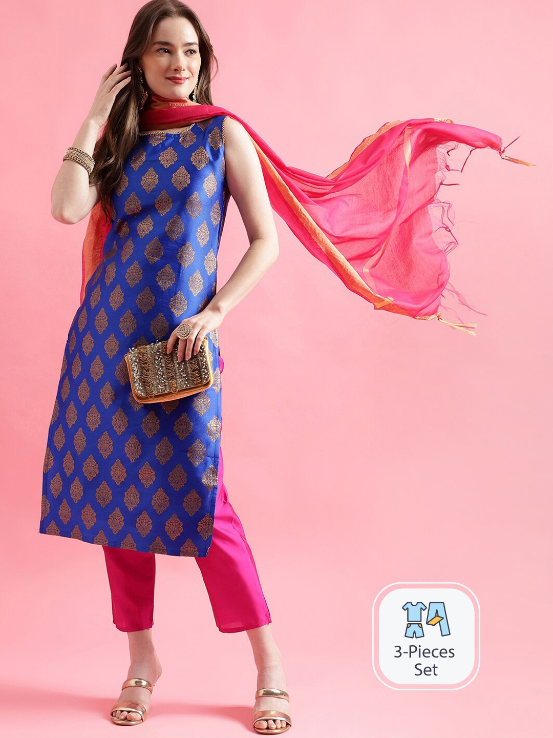 

PPTOSS Ethnic Motifs Woven Design Kurta With Trousers & Dupatta, Blue