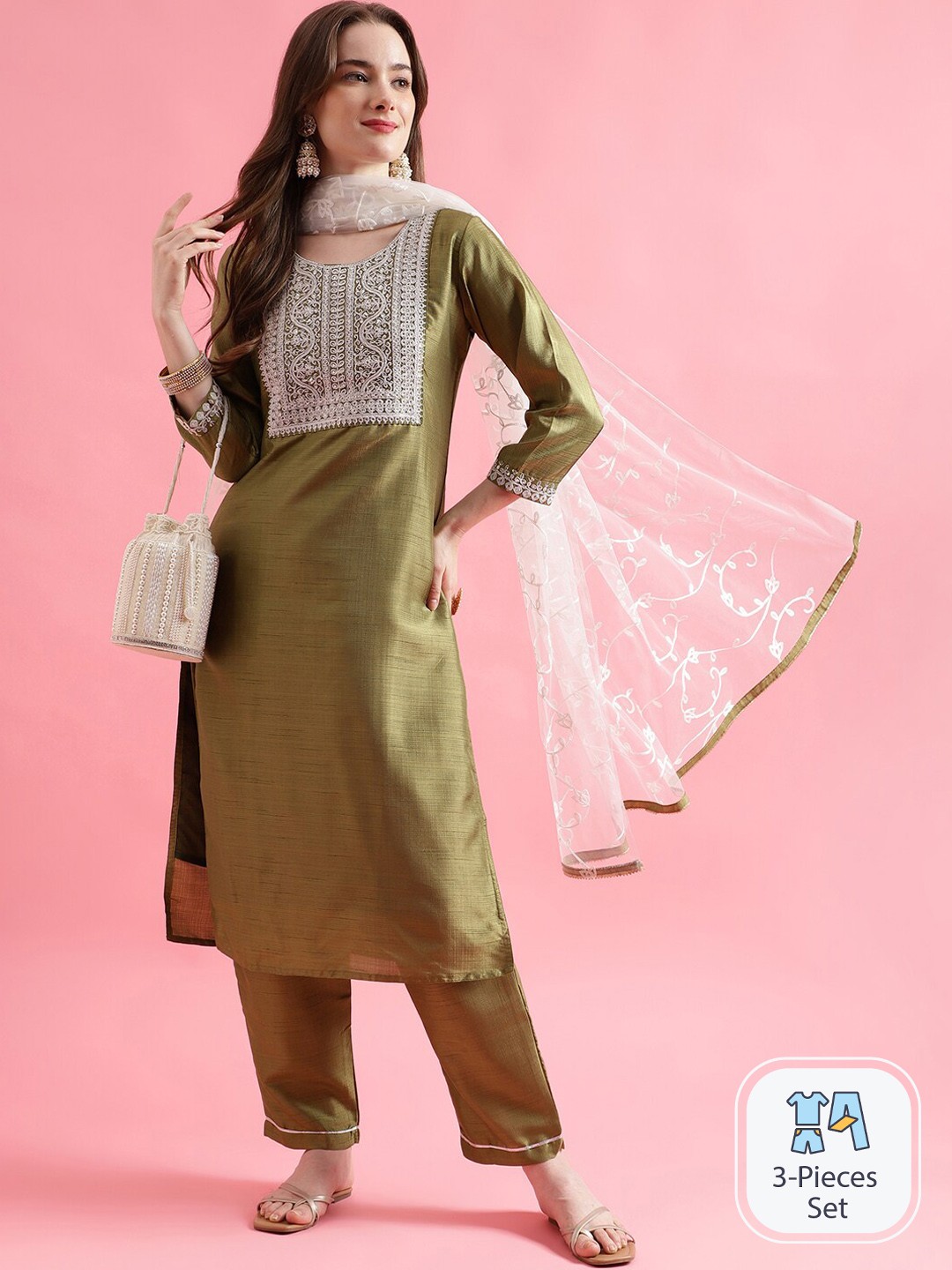 

PPTOSS Ethnic Motifs Embroidered Kurta with Trousers & With Dupatta, Green