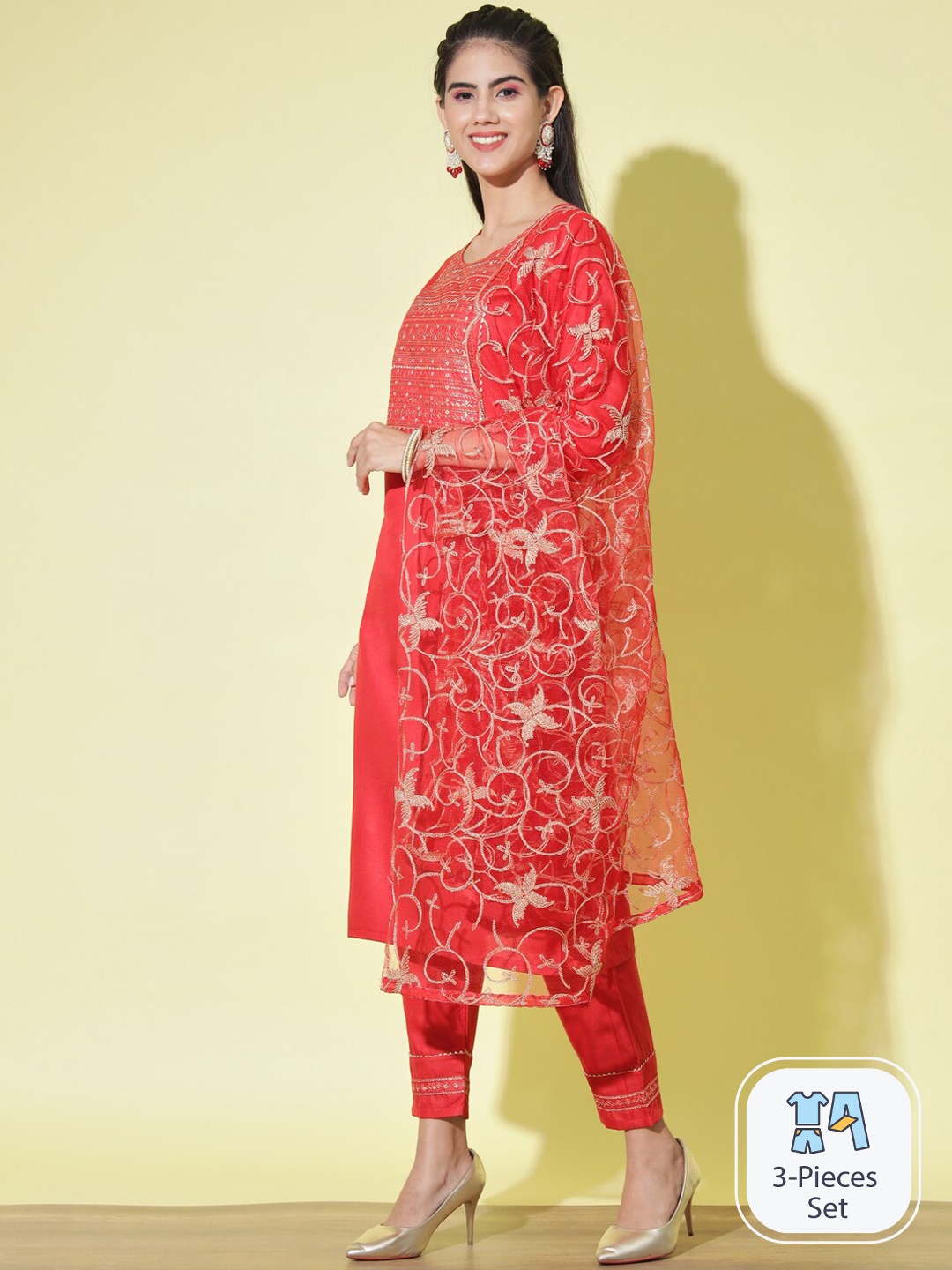 

PPTOSS Ethnic Motifs Sequinned Embroidered Regular Kurta With Trousers & Dupatta, Red