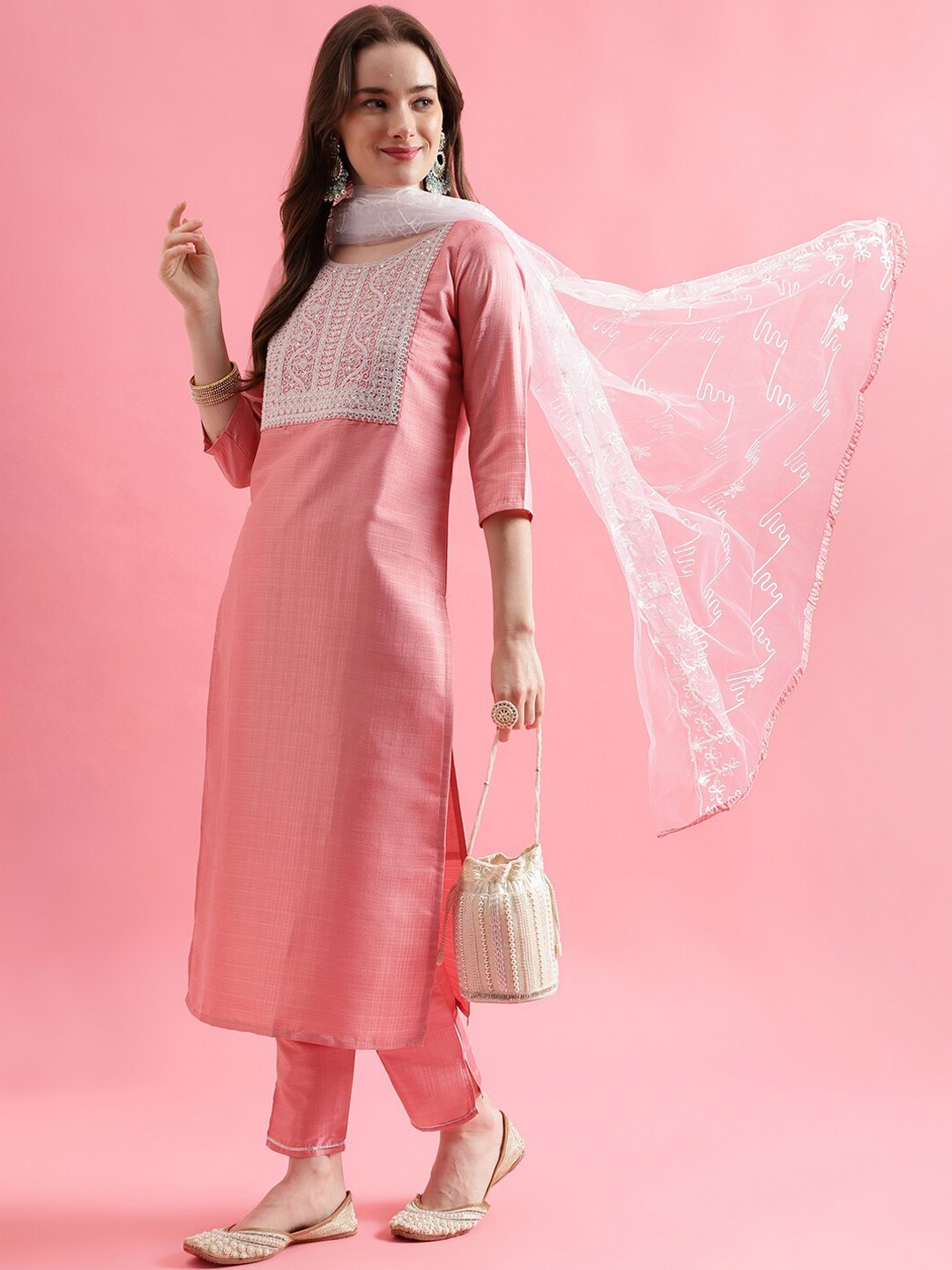 

PPTOSS Ethnic Motifs Embroidered Kurta with Trousers & With Dupatta, Pink