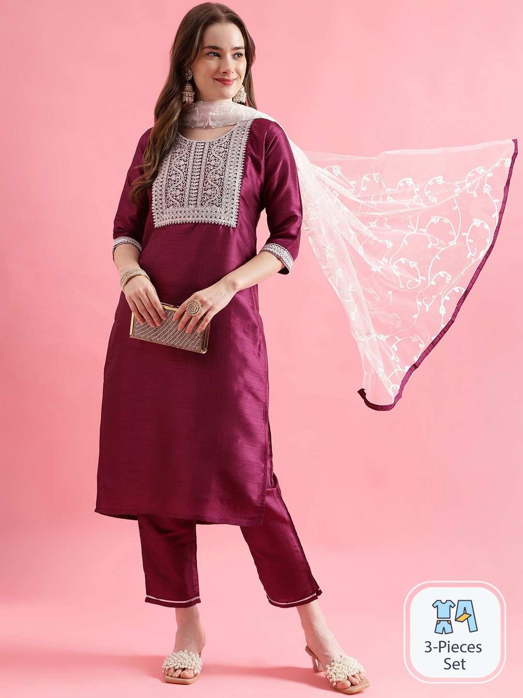 

PPTOSS Ethnic Motifs Sequinned Embroidered Regular Kurta With Trousers & Dupatta, Purple