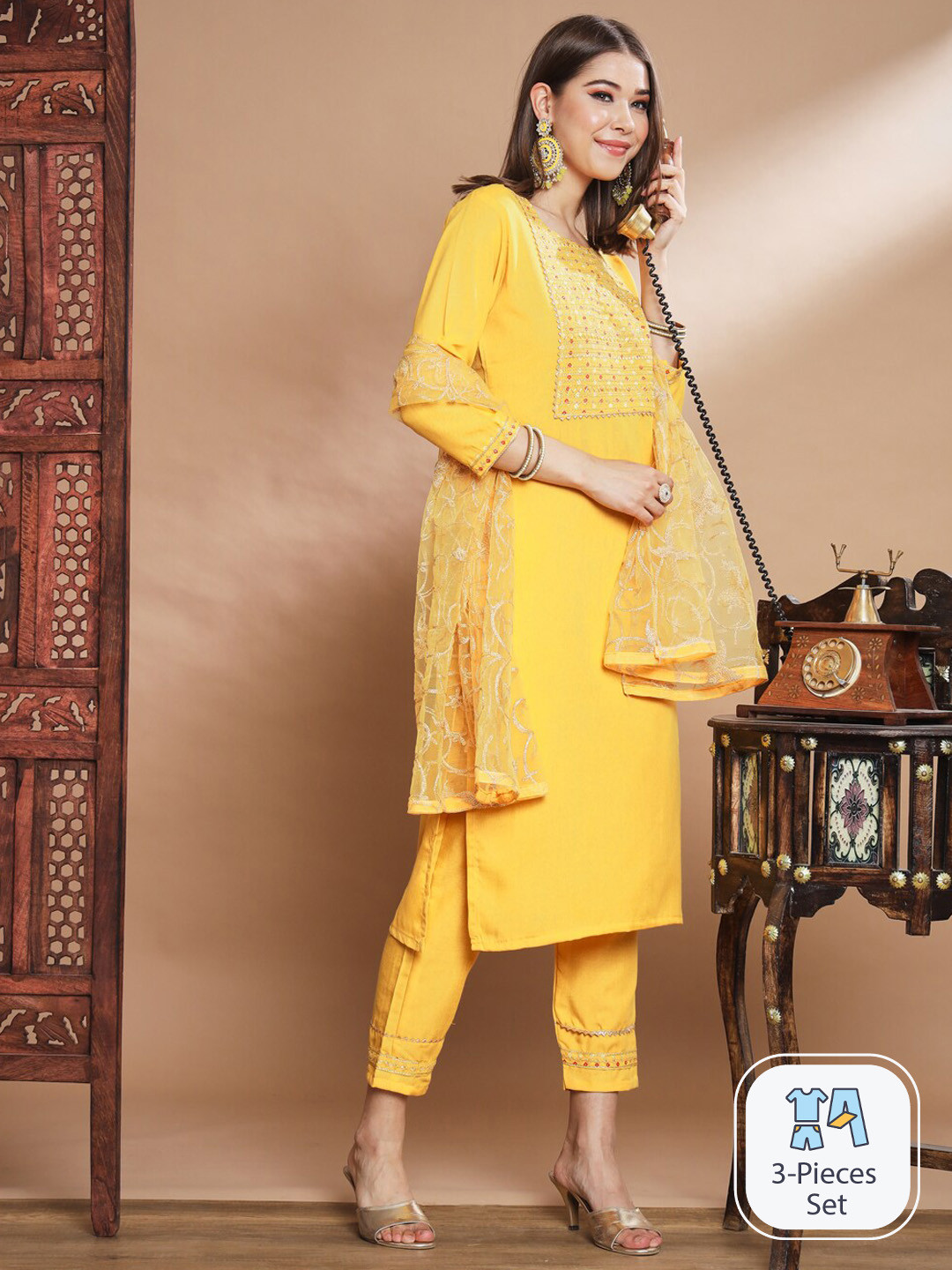 

PPTOSS Ethnic Yoke Design Gotta Patti Straight Kurta With Trouser & Dupatta, Yellow