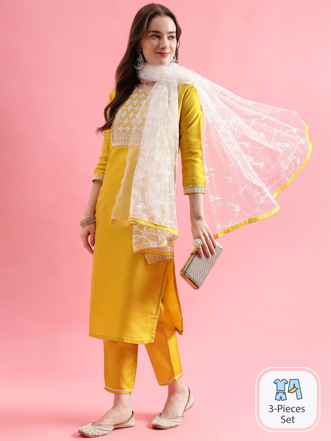 

PPTOSS Geometric Yoke Design Regular Kurta With Trousers & With Dupatta, Yellow