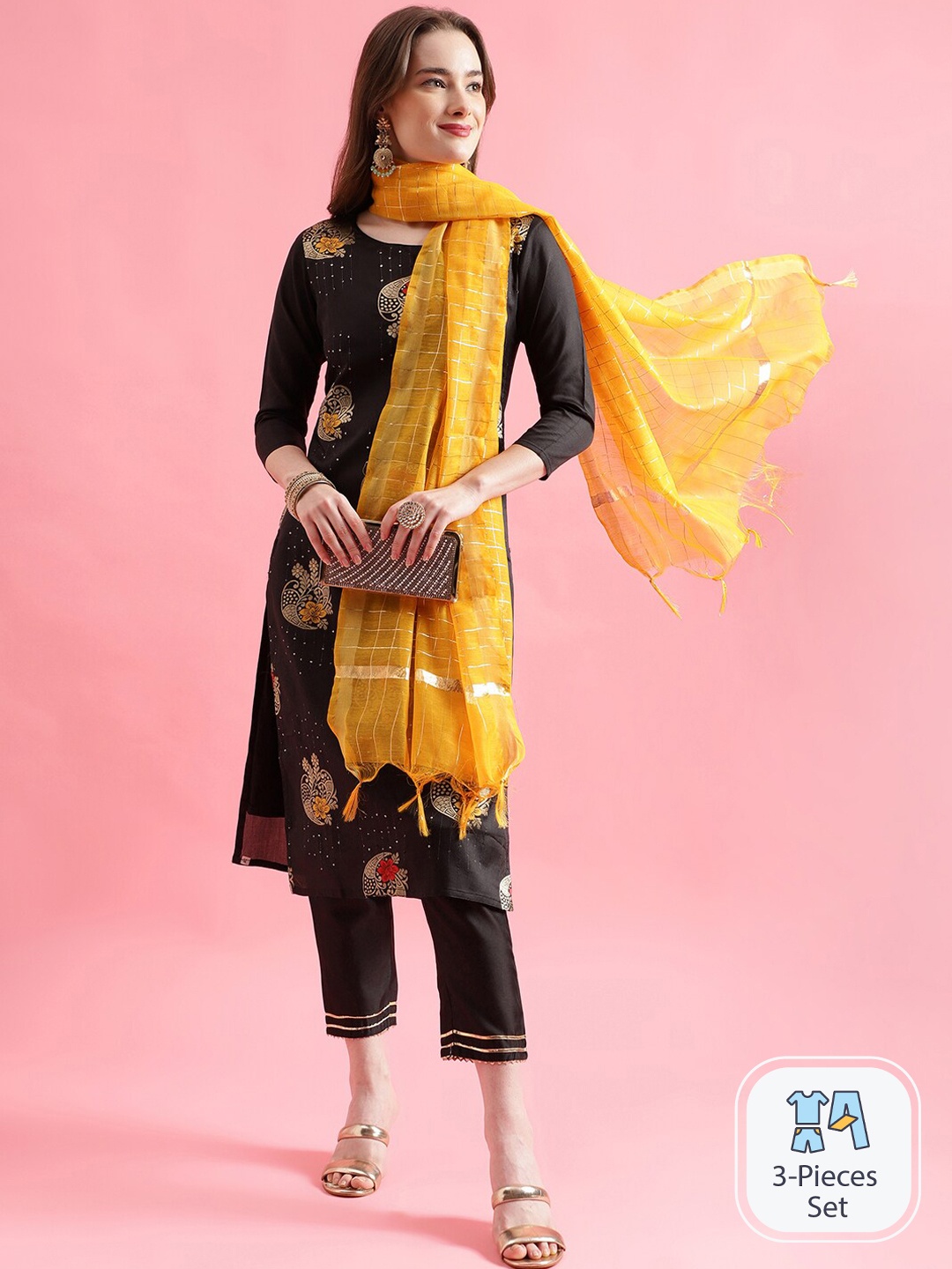 

PPTOSS Ethnic Motifs Woven Design Regular Kurta With Trousers & With Dupatta, Black