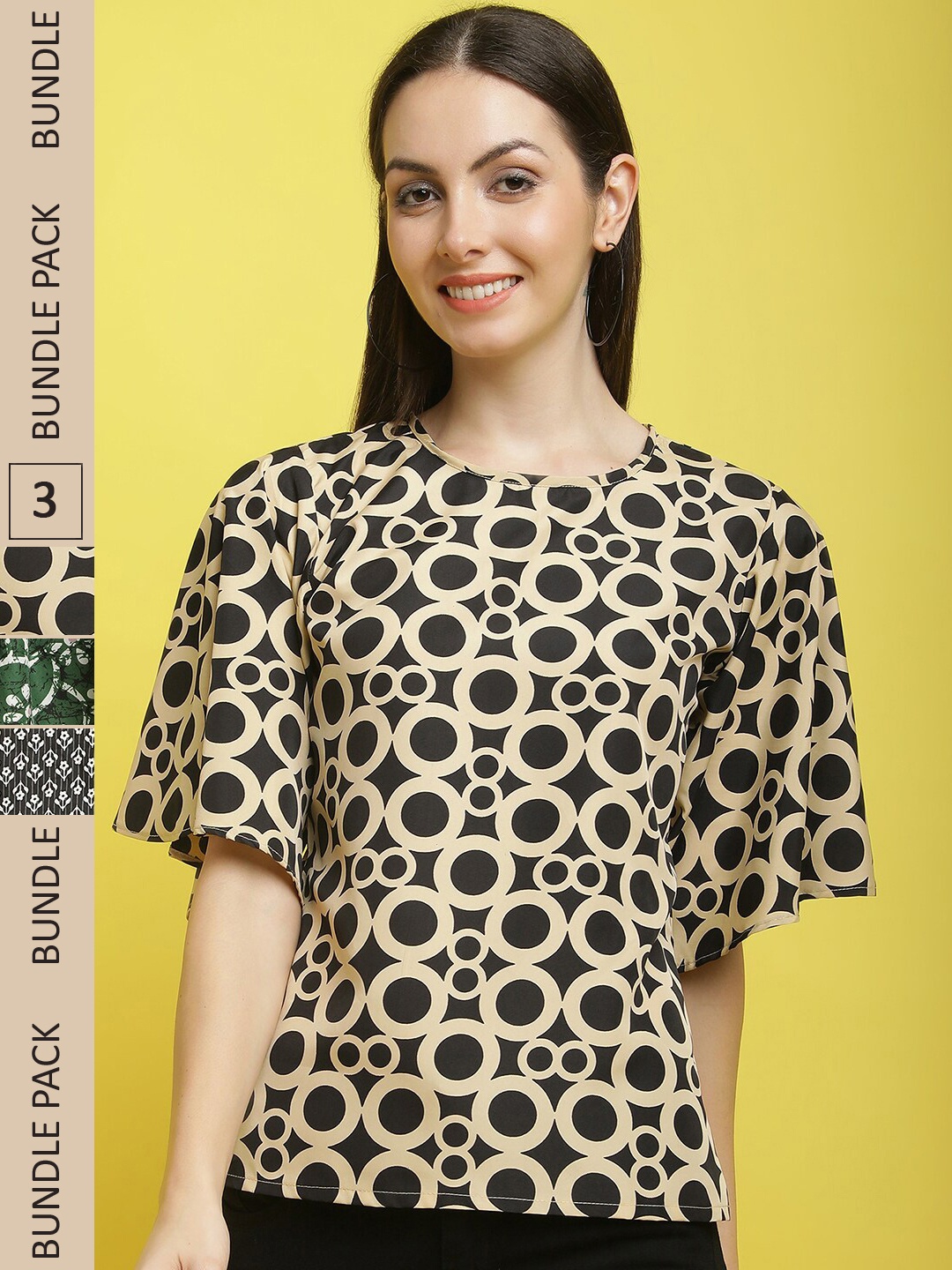 

Poshyaa Pack Of 3 Geometric Printed Flutter Sleeve Crepe Top, Yellow