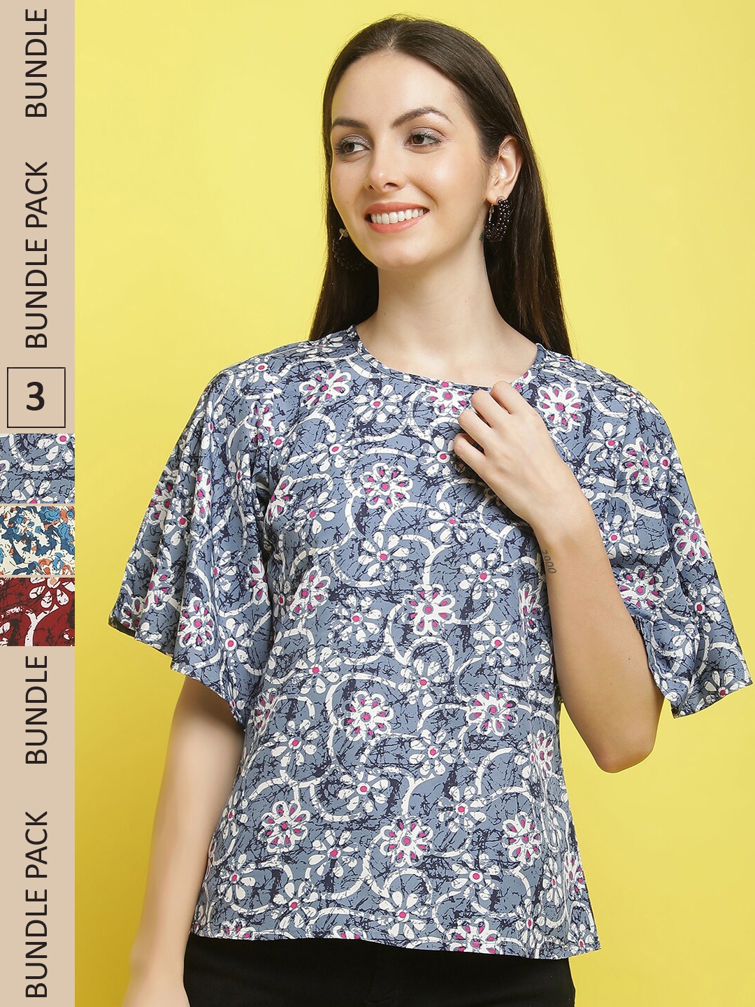 

Poshyaa Pack Of 3 Floral Printed Flared Sleeve Crepe Top, Blue
