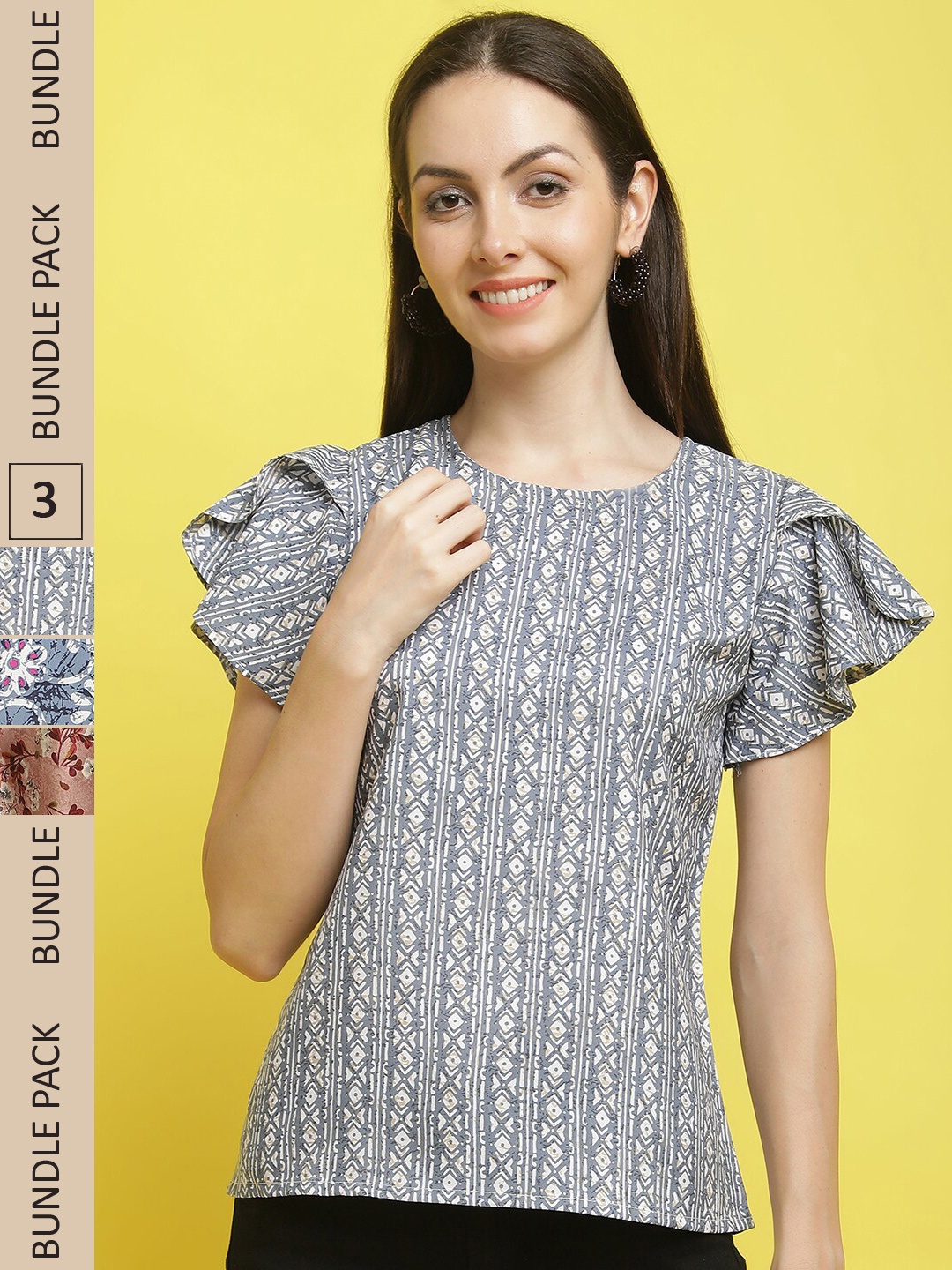 

Poshyaa Pack Of 3 Floral Printed Flutter Sleeve Top, Grey