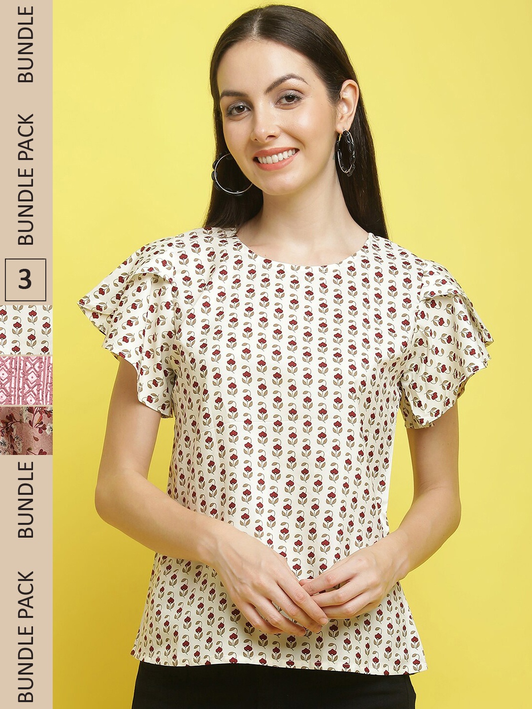 

Poshyaa Pack Of 3 Floral Printed Flutter Sleeves Top, Cream