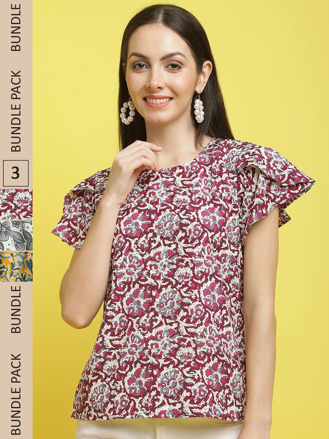 

Poshyaa Pack of 3 Ethnic Motifs Print Crepe Tops, Red