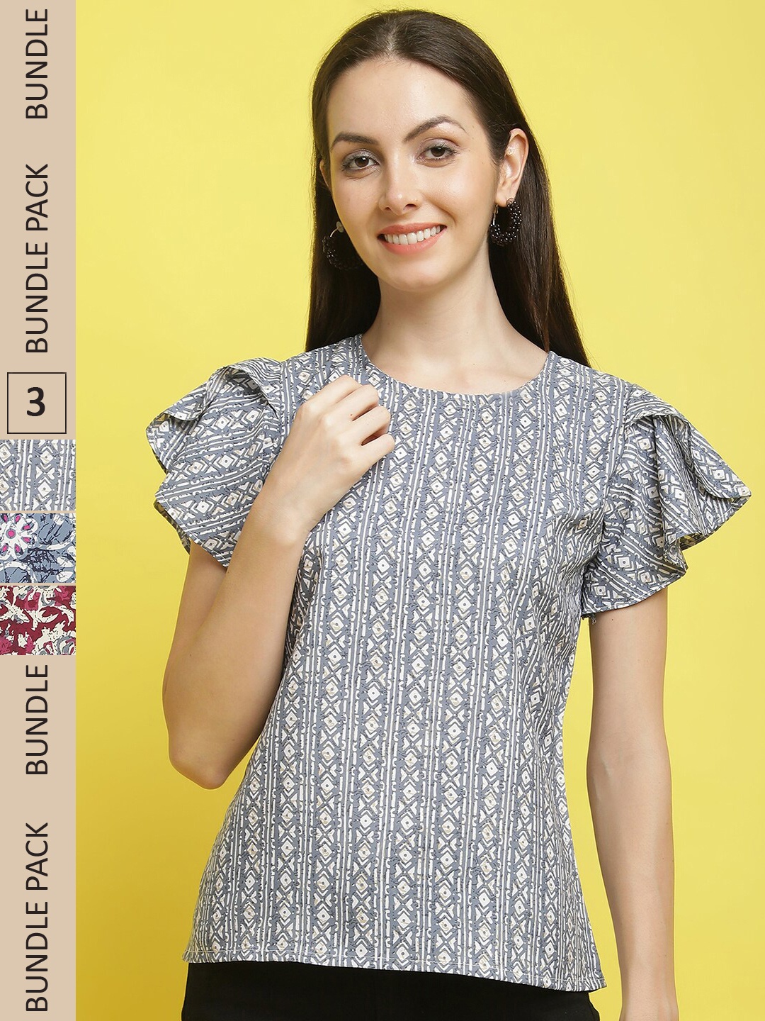 

Poshyaa Pack Of 3 Floral Printed Flared Sleeves Top, Grey