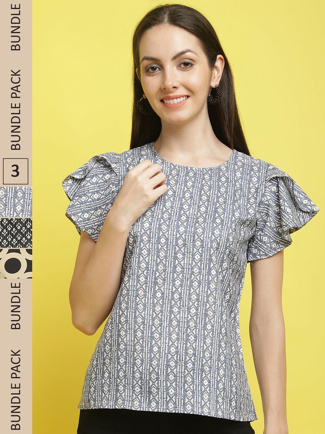 

Poshyaa Pack Of 3 Printed Flutter Sleeve Top, Grey