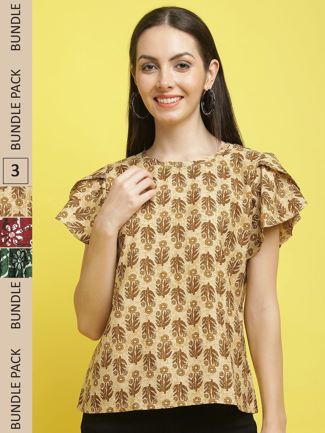 

Poshyaa Pack Of 3 Floral Printed Flutter Sleeves Top, Yellow