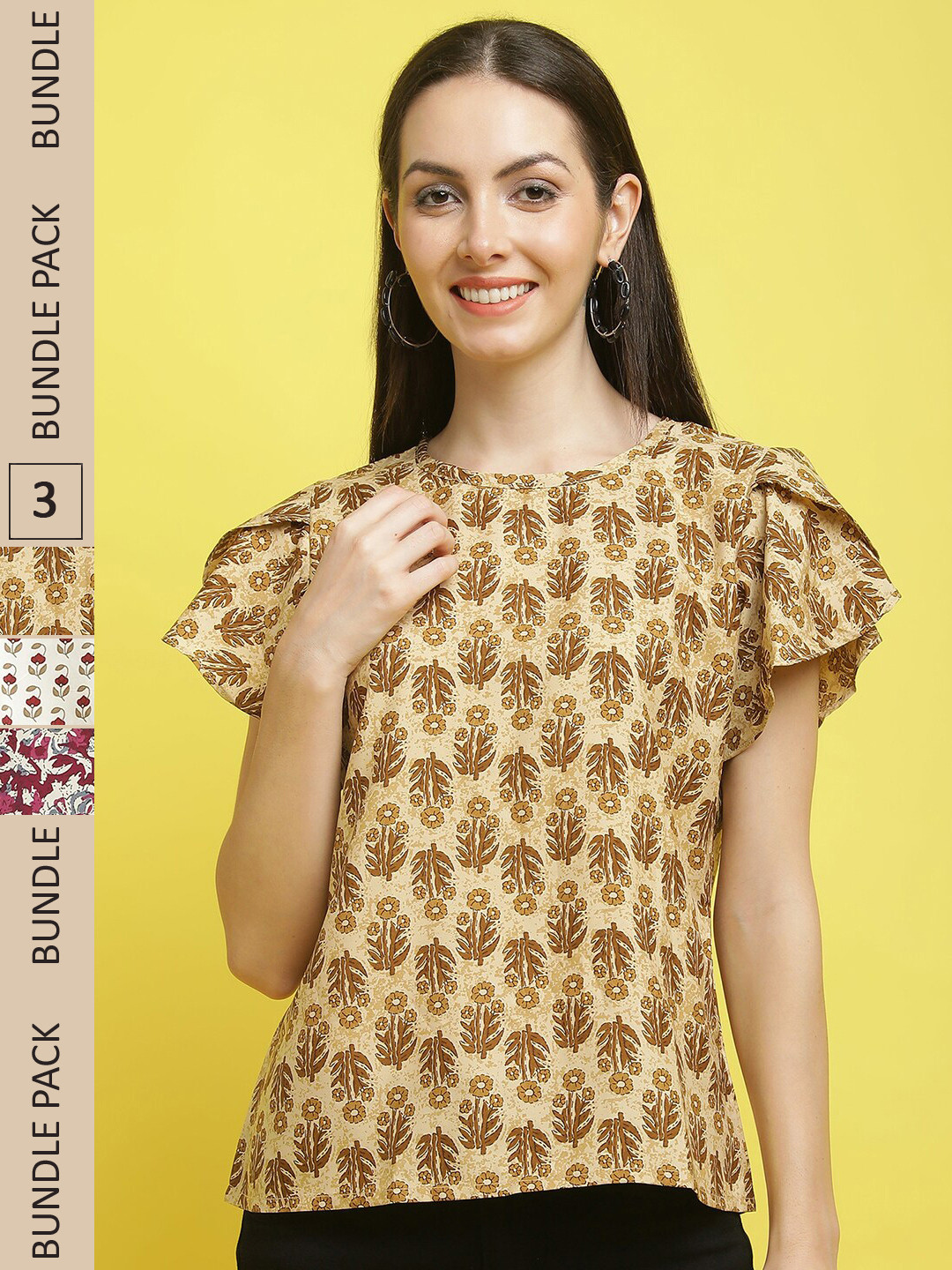 

Poshyaa Pack Of 3 Floral Printed Flared Sleeves Top, Beige