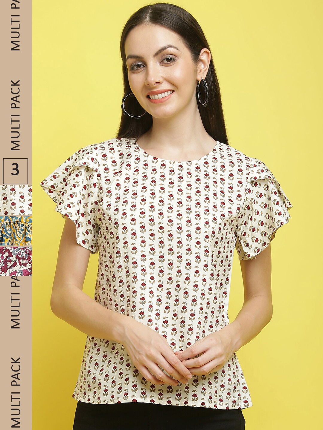 

Poshyaa Pack Of 3 Ethnic Motifs Printed Empire Top, Cream