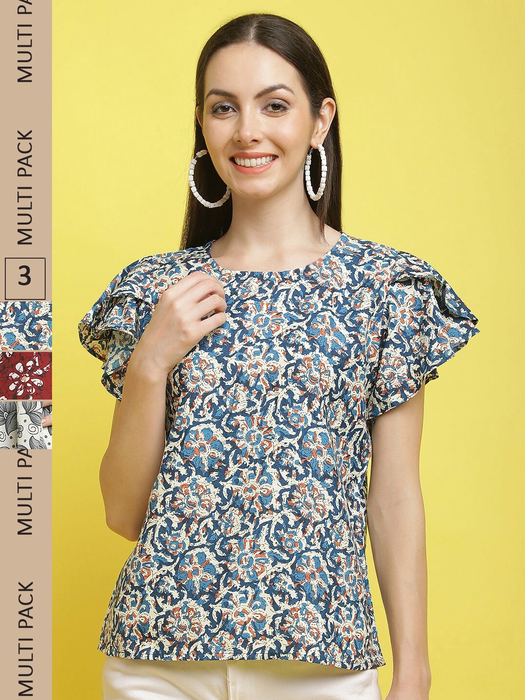 

Poshyaa Pack Of 3 Floral Printed Casual Crepe Tops, Blue