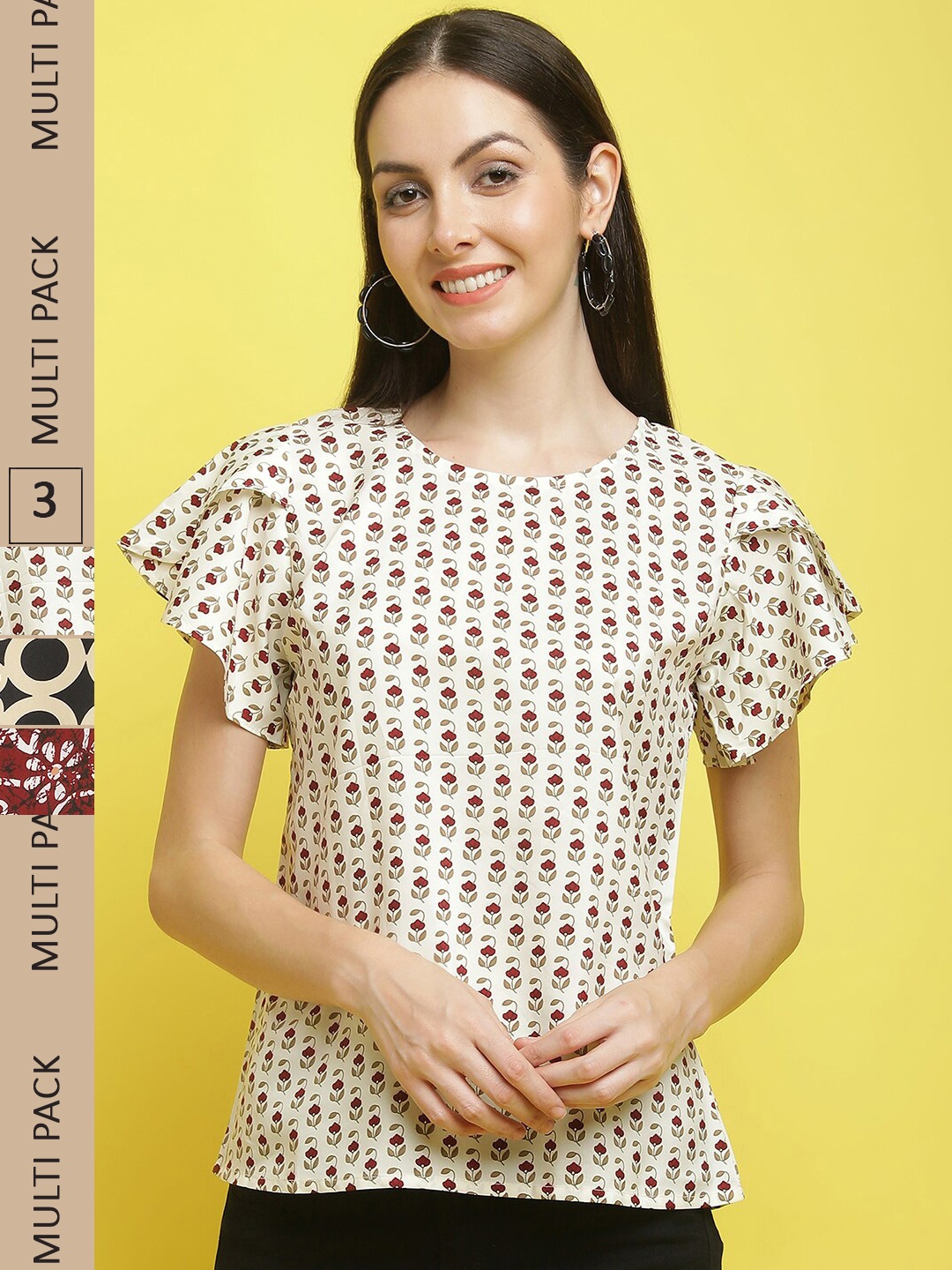 

Poshyaa Pack Of 3 Ethnic Motifs Print Flared Sleeve Top, Cream