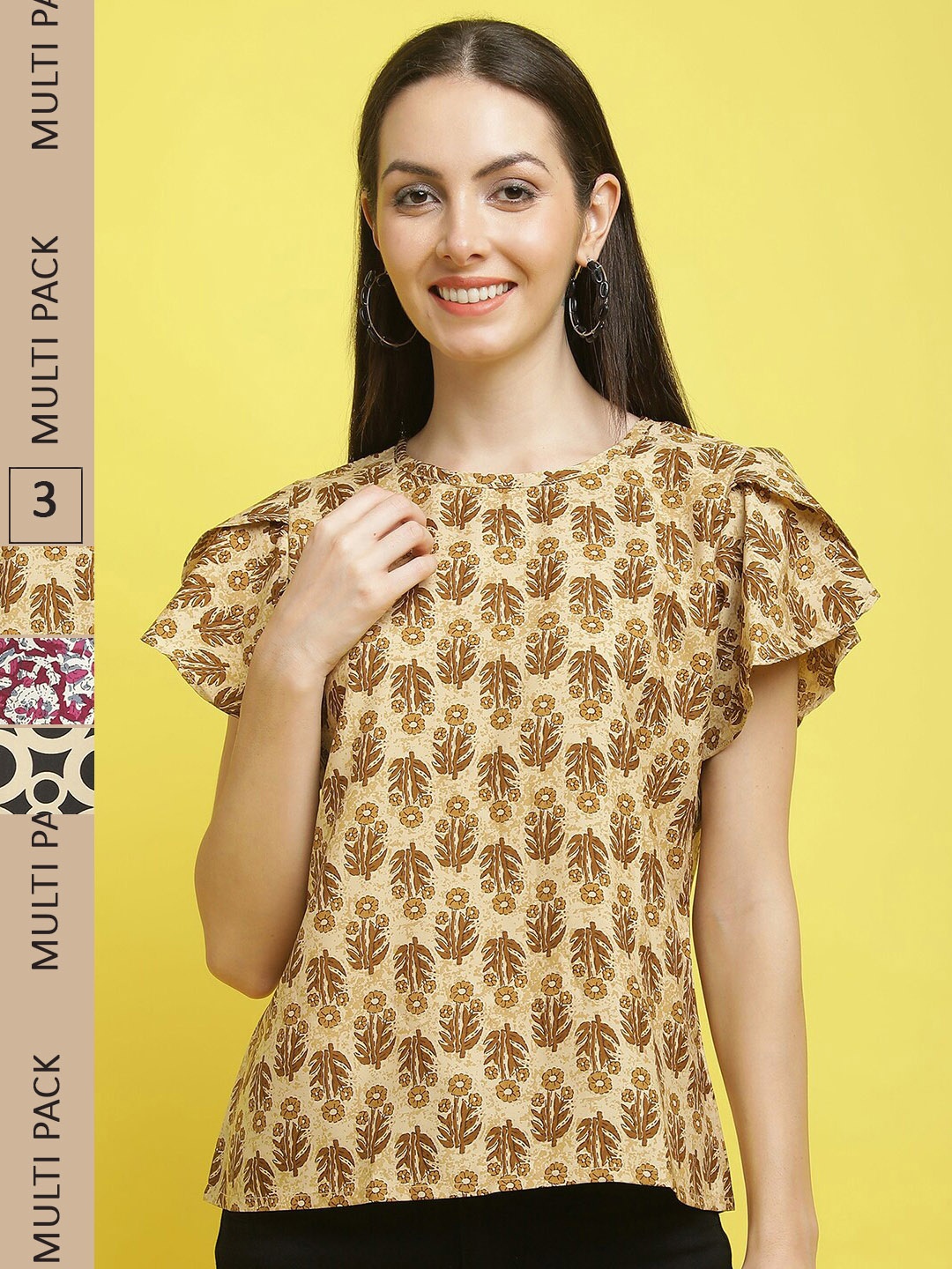 

Poshyaa Pack Of 3 Ethnic Motifs Printed Flutter Sleeves Top, Mustard