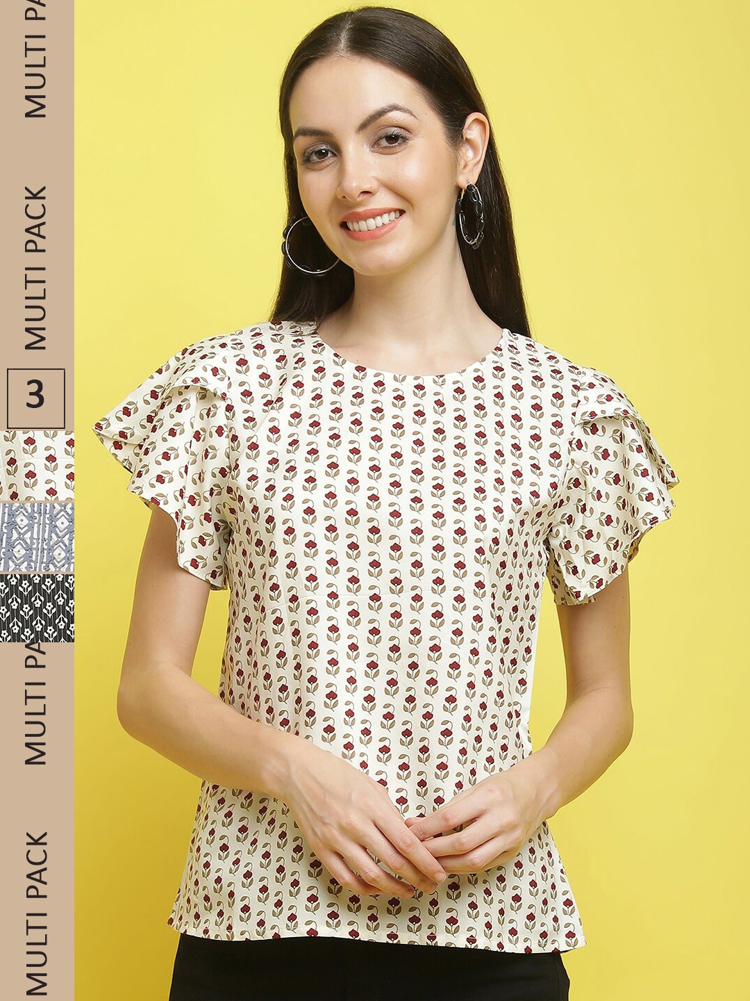 

Poshyaa Pack Of 3 Floral Printed Casual Crepe Tops, Cream