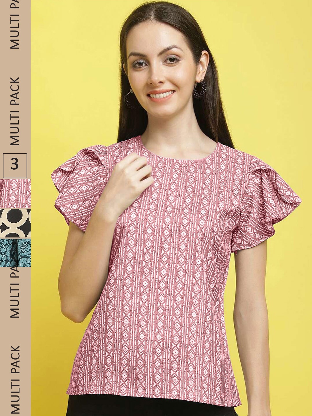 

Poshyaa Pack Of 3 Floral Printed Casual Crepe Tops, Pink