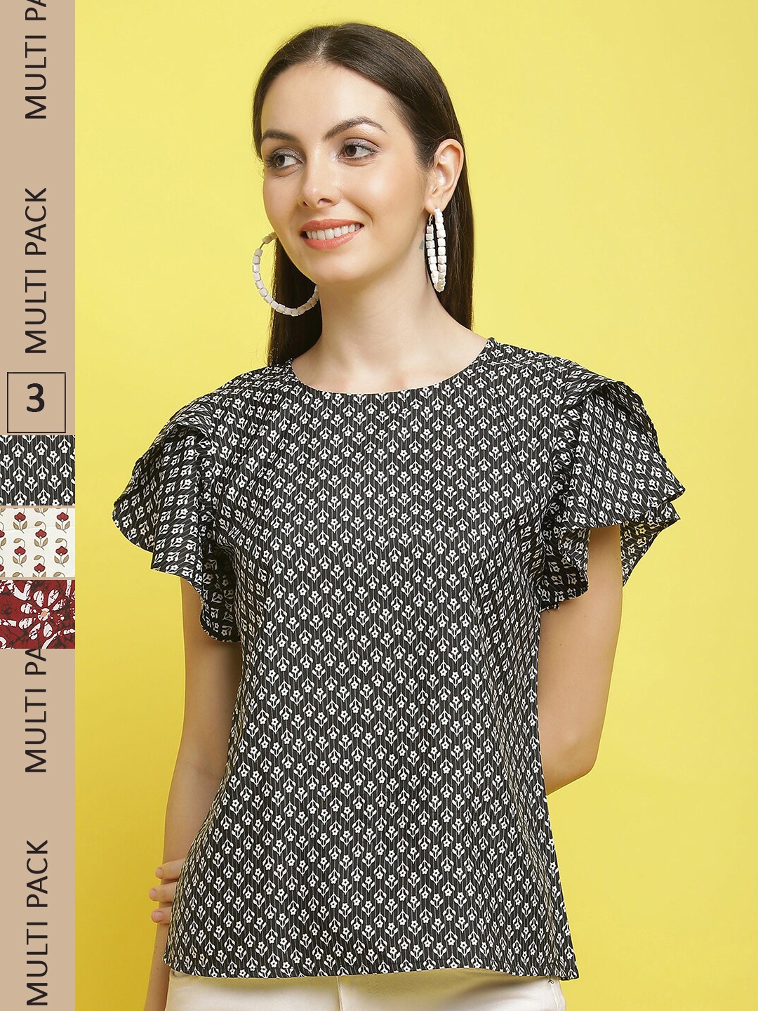 

Poshyaa Pack Of 3 Ethnic Motifs Printed Flutter Sleeve Top, Black