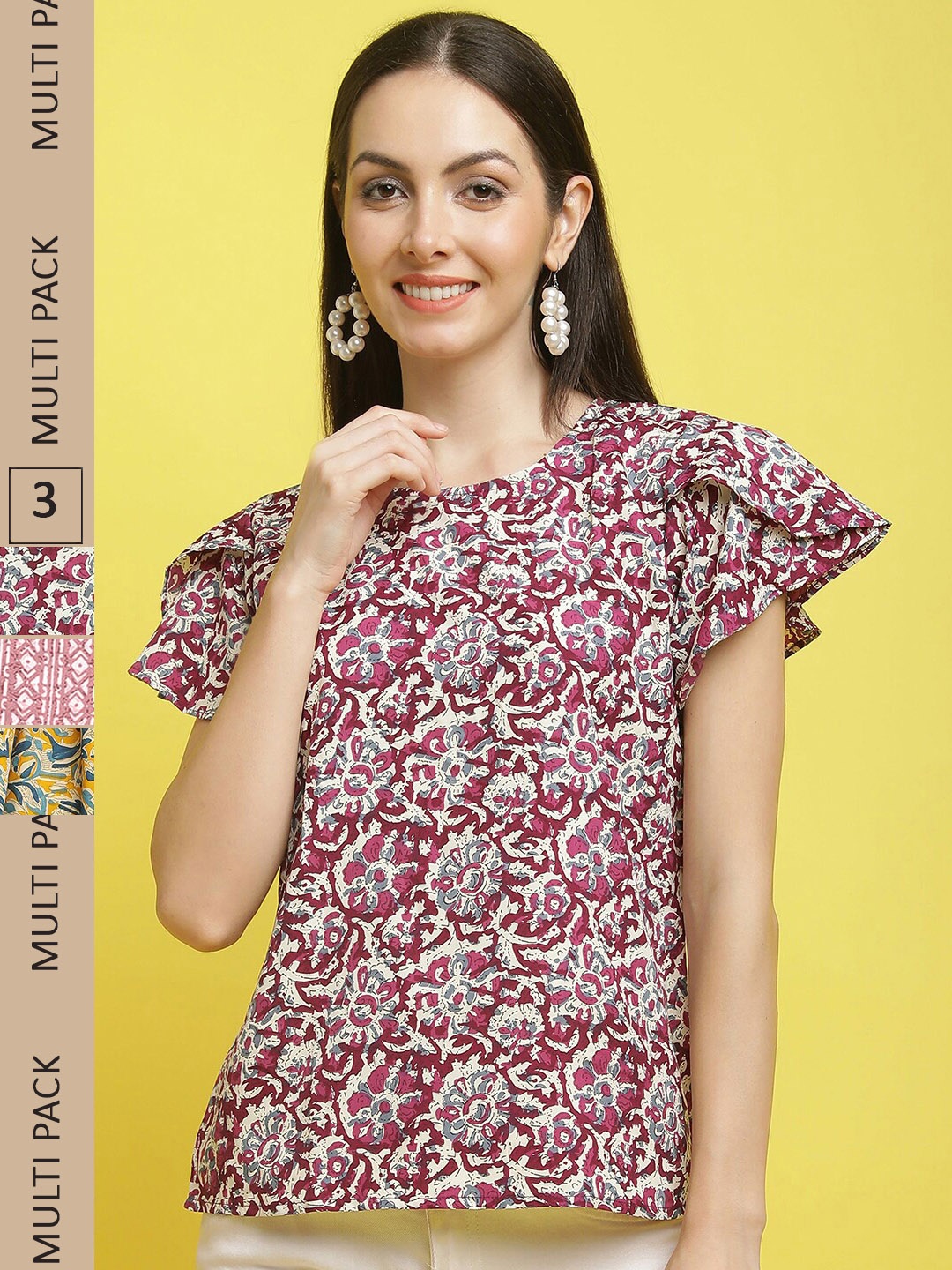 

Poshyaa Pack Of 3 Ethnic Motifs Printed Flutter Sleeve Empire Top, Maroon