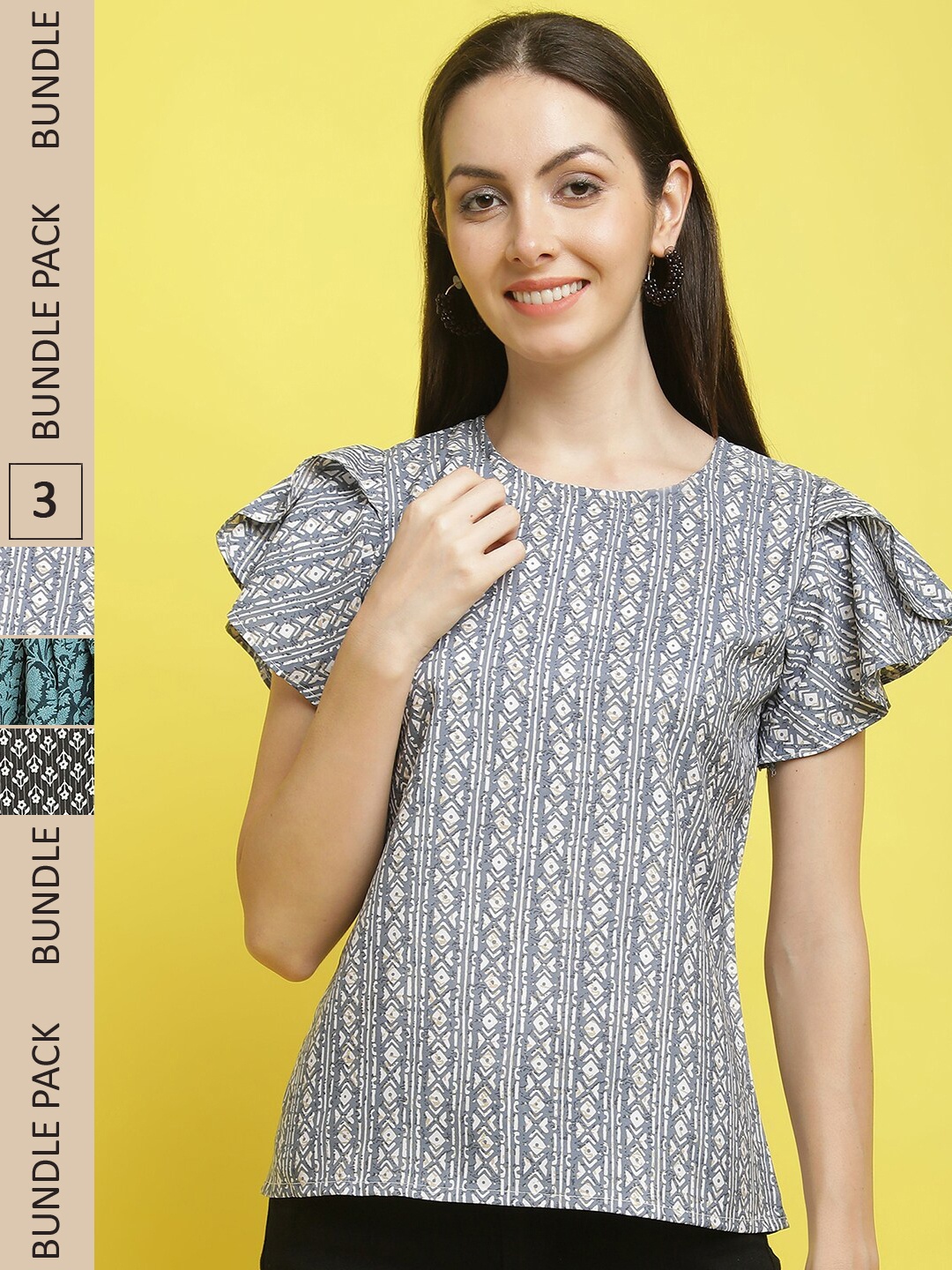 

Poshyaa Pack of 3 Printed Round Neck Crepe Top, Grey