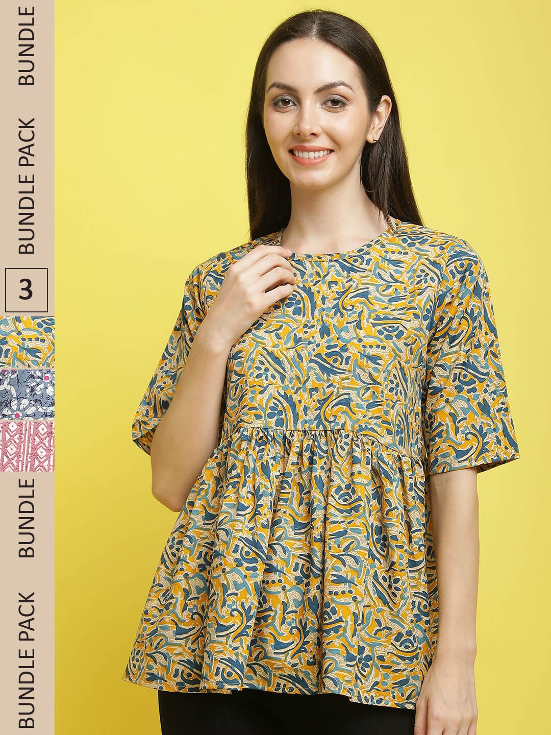 

Poshyaa Pack Of 3 Floral Printed Peplum Tops, Mustard