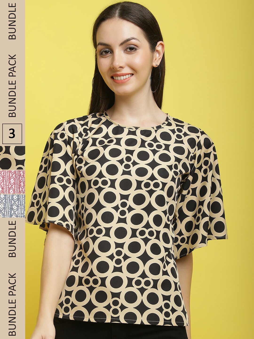 

Poshyaa Pack Of 3 Printed Flared Sleeves Top, Black